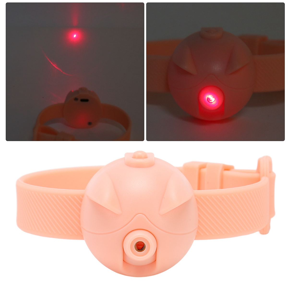 Ein rosa Spielzeug mit rotem Licht. Drei verschiedene Ansichten des Spielzeugs.