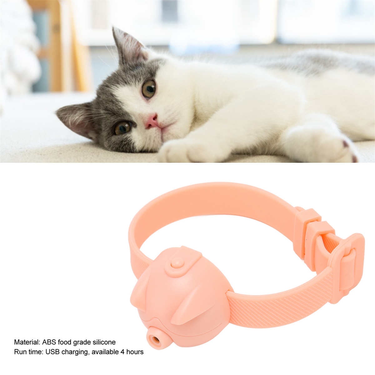 Eine Katze liegt auf einem Teppich mit einem rosa kragenförmigen Haustiergerät. Text beschreibt Merkmale.