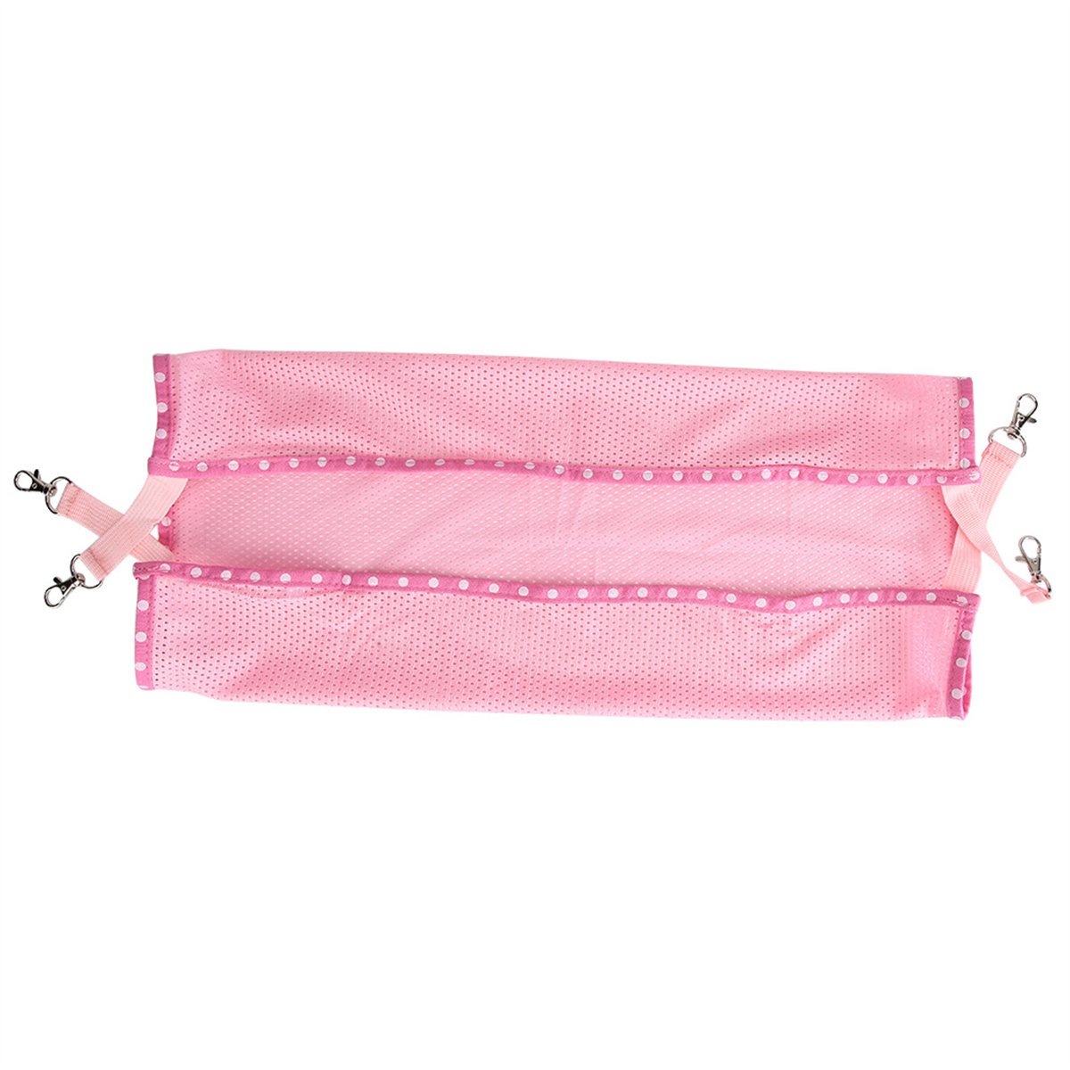 Rosa Mesh-Hängematte mit weißen Tupfen und Metallclips. Es ist für Haustiere konzipiert.