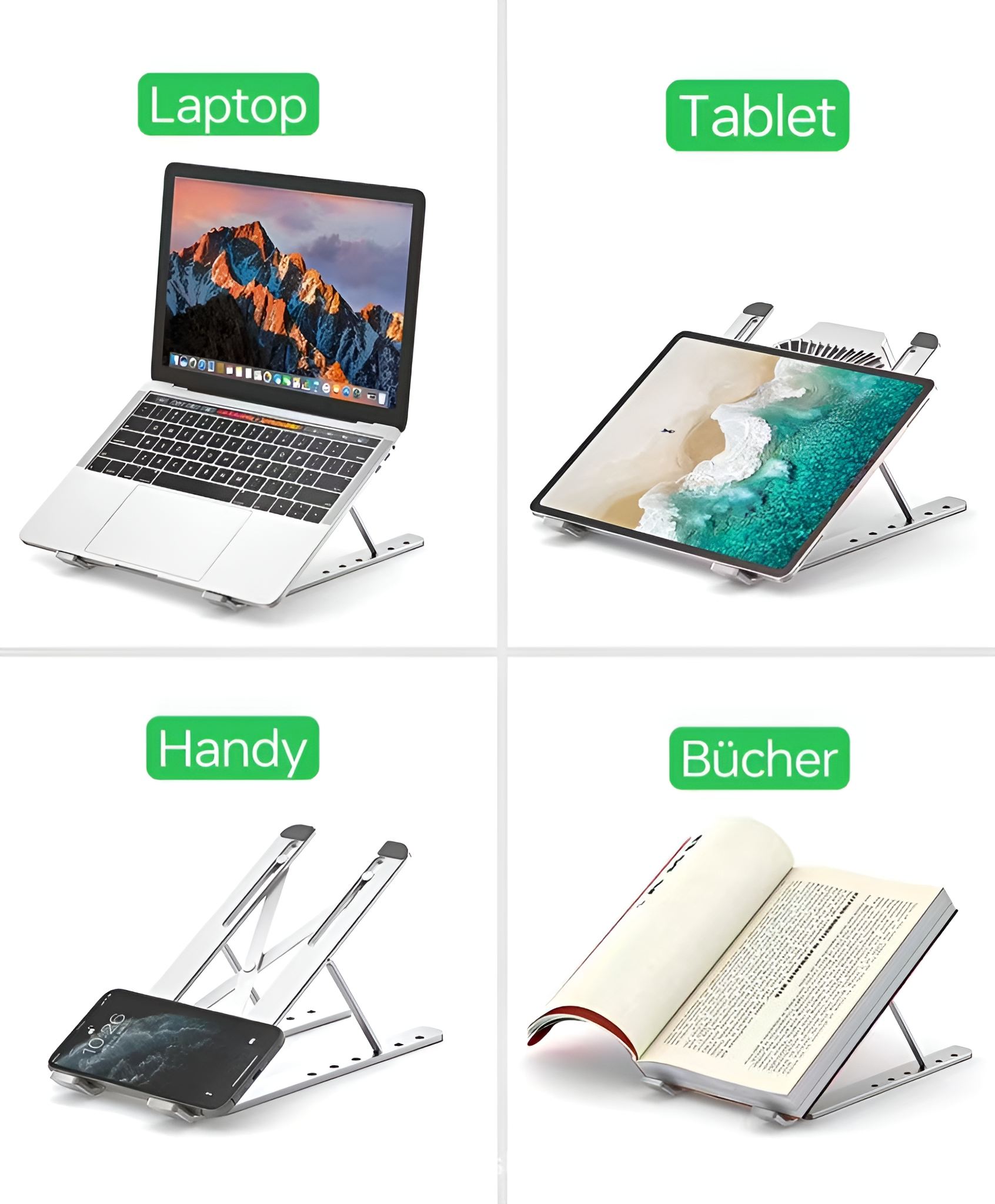 Vier Bilder von Geräten auf Ständern: Laptop, Tablet, Telefon und ein Buch.