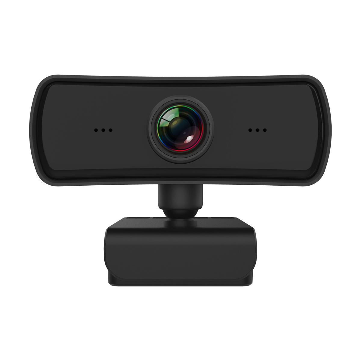 Eine schwarze Webcam mit Linse und drei kleinen Löchern, isoliert auf weißem Hintergrund.
