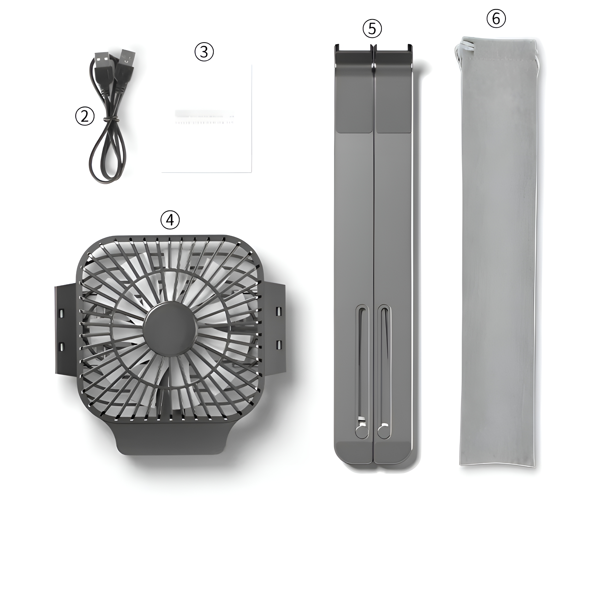 Draufsicht auf einen zerlegten Ventilator, USB-Kabel, Anleitung, Ständer und eine Tragetasche.