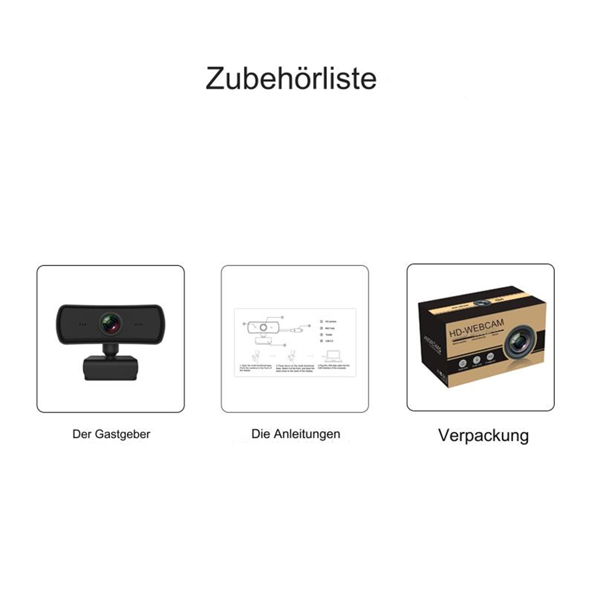 Drei Produktbilder: eine Webcam, Anweisungen und Verpackung, mit deutschem Text.