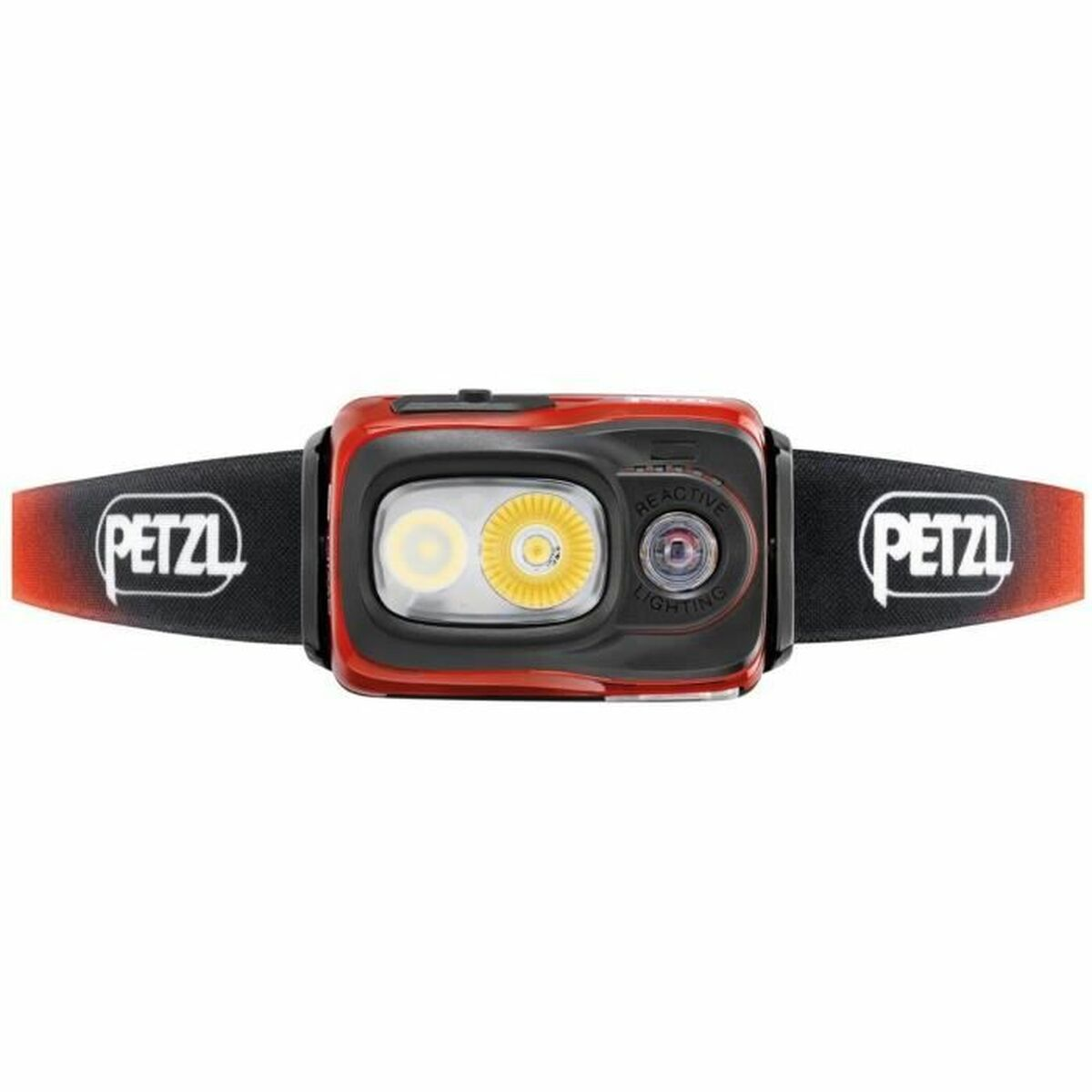 Czołówka czerwono-czarna z oświetleniem reaktywnym i logo 'PETZL' na pasku.