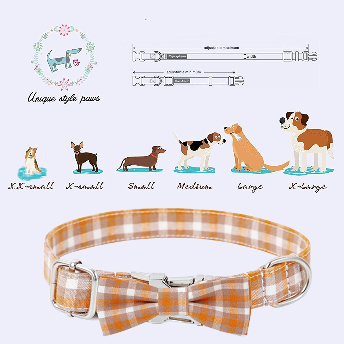 Halsband mit Schleife und Hundeillustrationen. Weißes und orangefarbenes Karomuster auf dem Halsband.