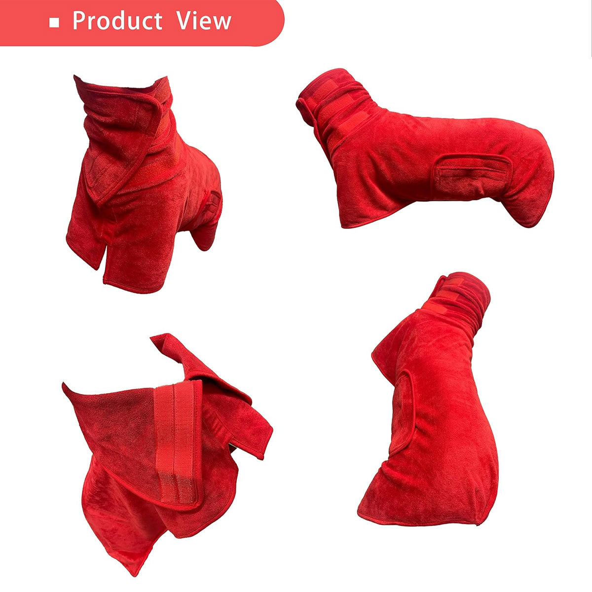 Rotes Hundehandtuch in verschiedenen Ansichten, weißer Hintergrund.
