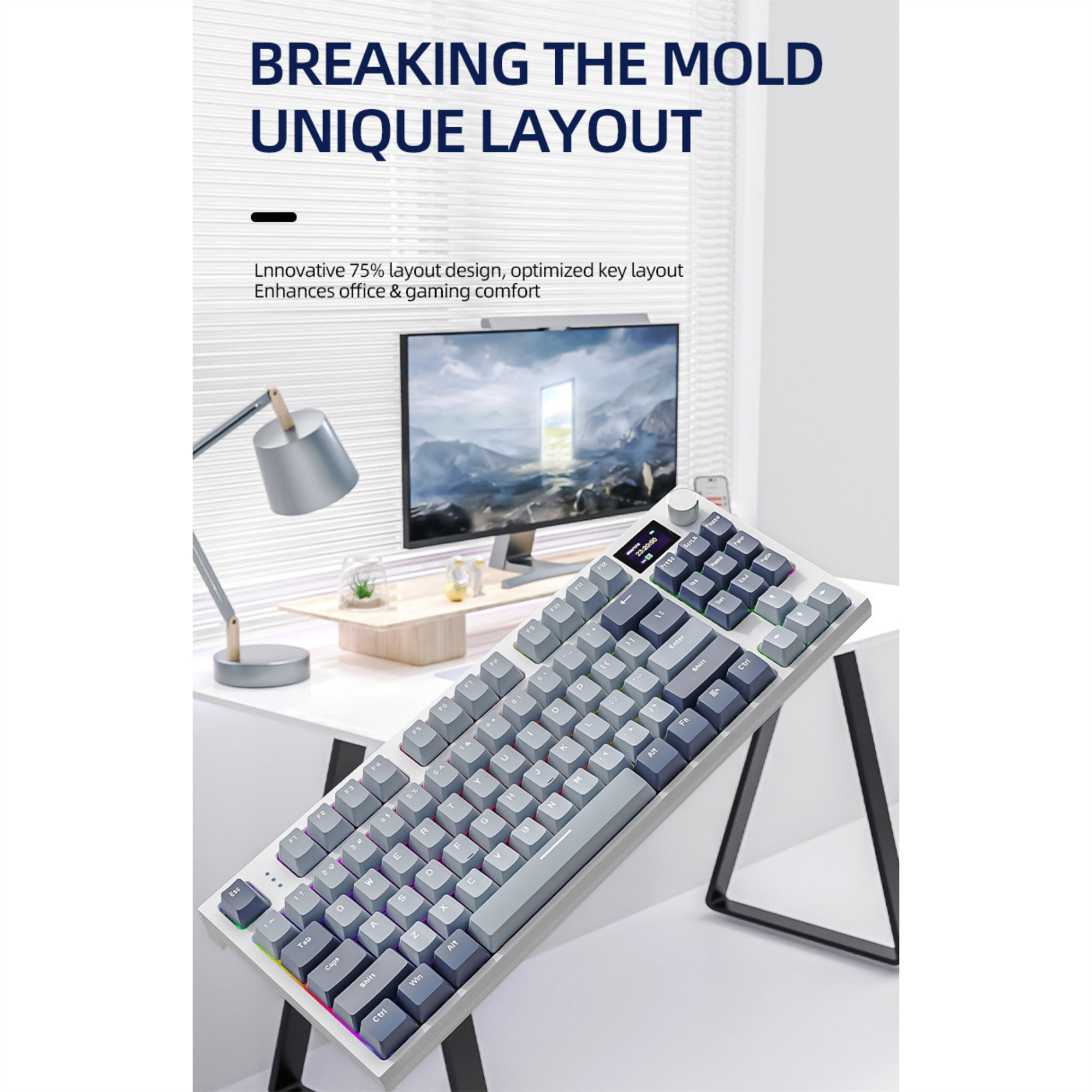 Tastatur mit einzigartigem Layout, weißen und grauen Tasten, mit LED-Leuchten.