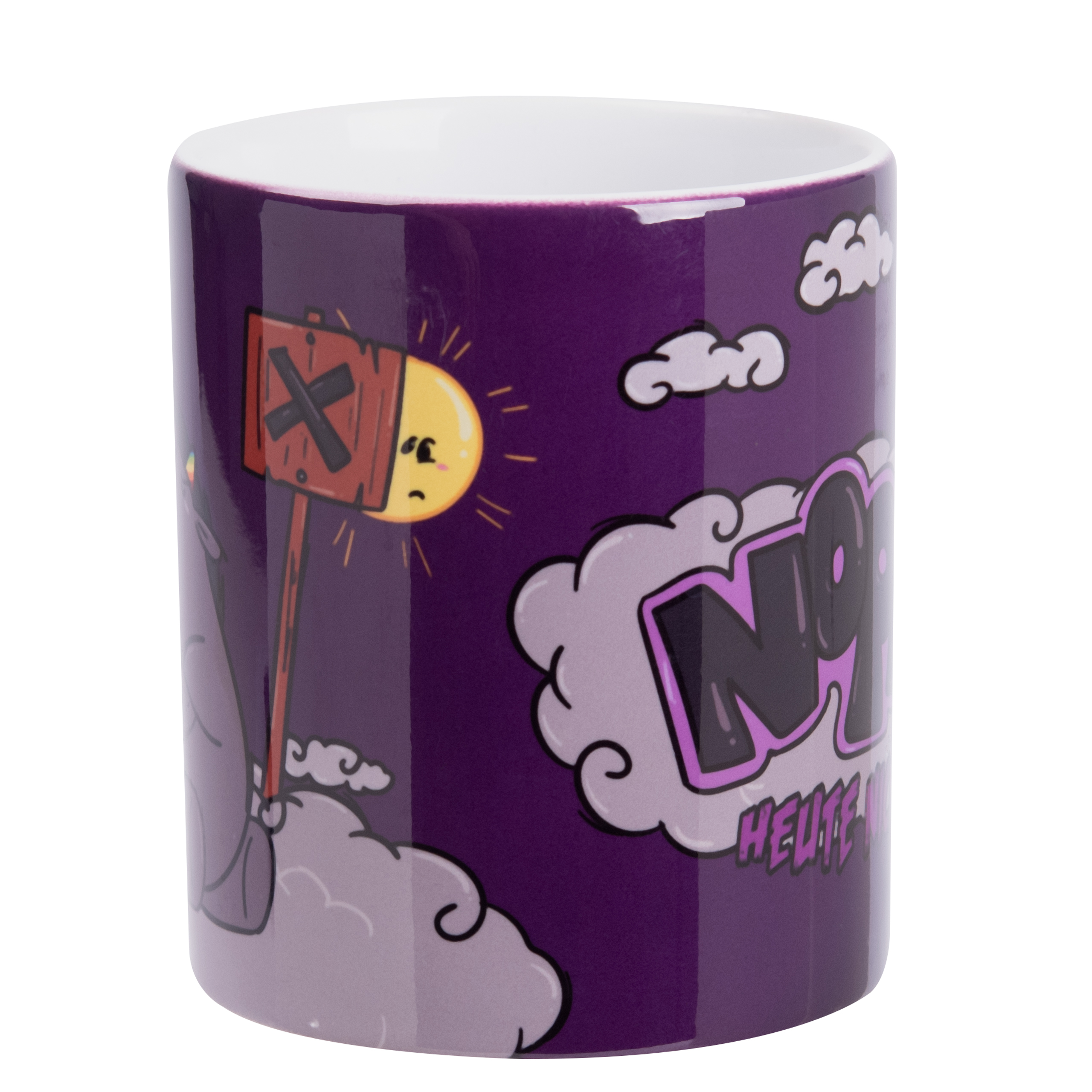 Lila Tasse mit Cartoon-Illustration. Ein Schild mit X und Sprechblase mit 'Nope'.