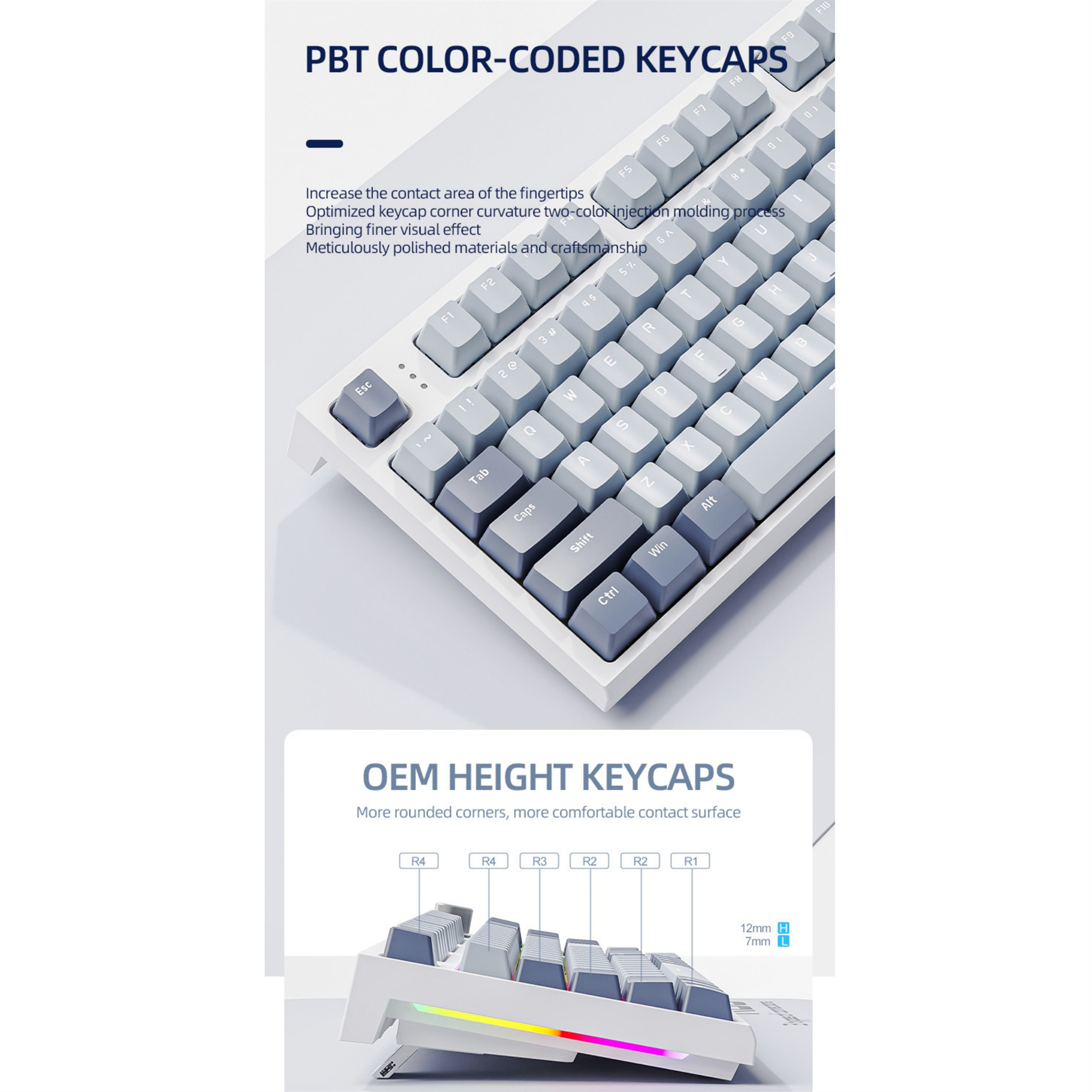 Weiße Tastatur mit hellgrauen Tasten. PBT-farbcodierte Tastenkappen.