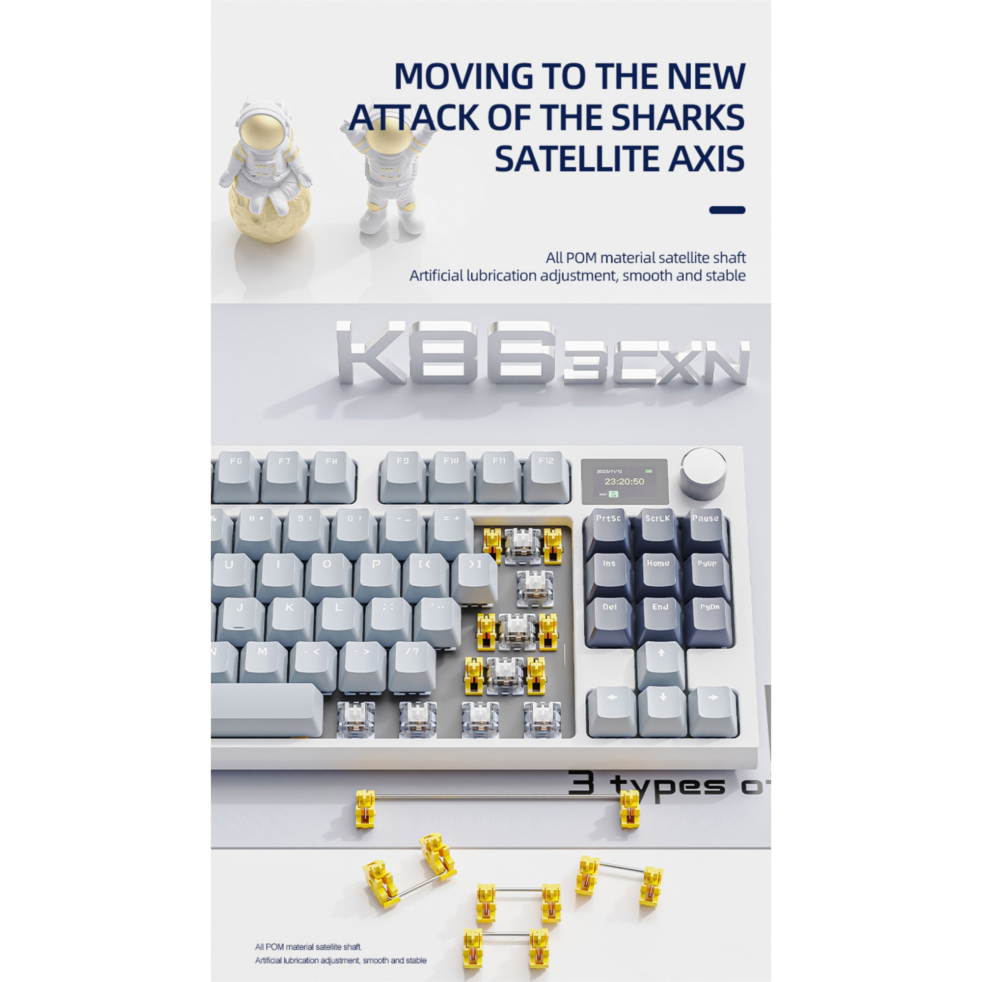 Eine weiße Tastatur mit gelben Schaltern und Text über die Satellitenachse.