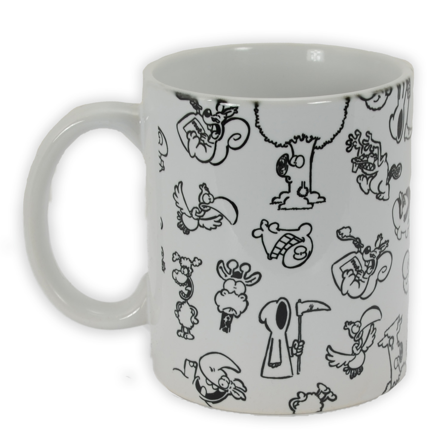 Eine weiße Tasse mit schwarzen Cartoonzeichnungen rundherum.