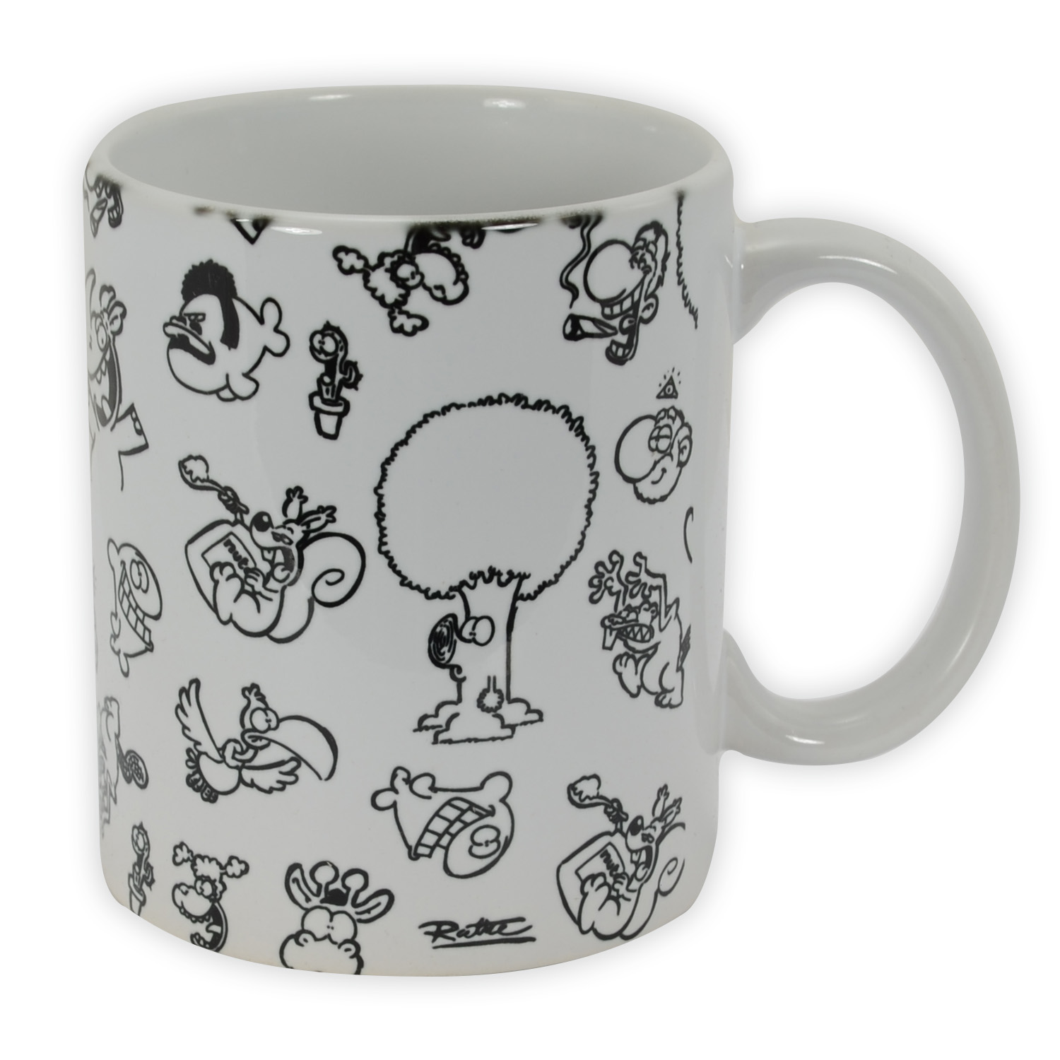 Weiße Tasse mit schwarzen Cartoonzeichnungen, die Figuren und ein Baumdesign zeigen.