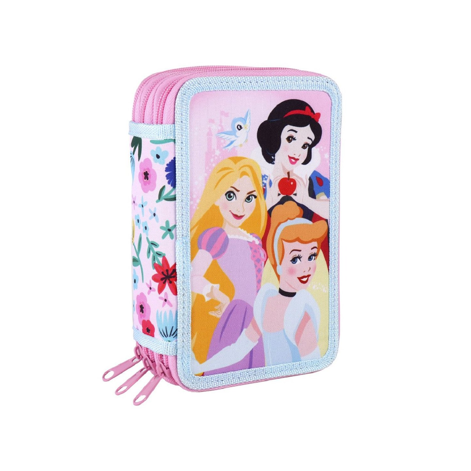 Ein rosa Federmäppchen mit Disney-Prinzessinnen auf der Vorderseite. Das Etui ist rechteckig.