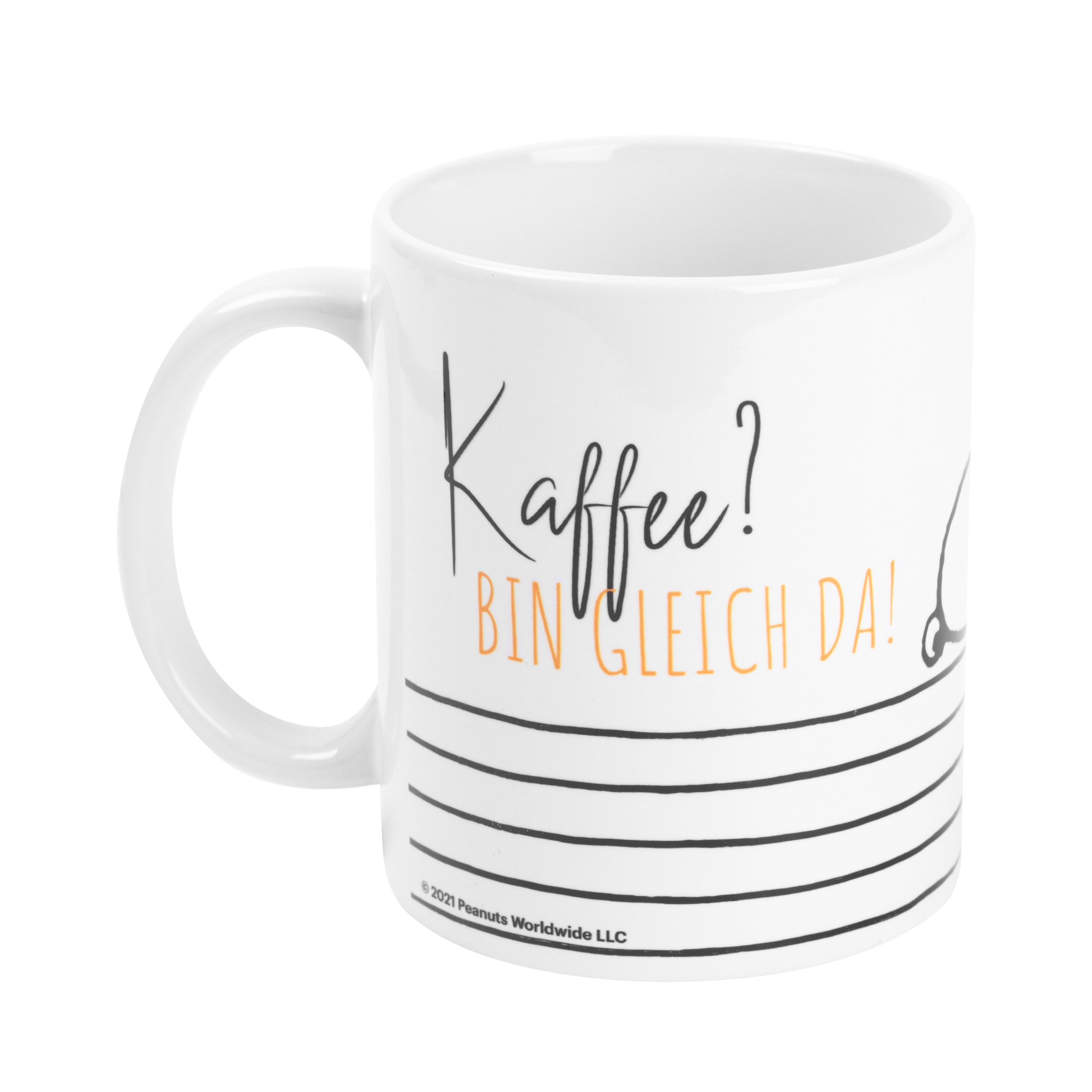 Ein weißer Kaffeebecher mit den Worten 'Kaffee? Bin gleich da!' in Schwarz und Orange.