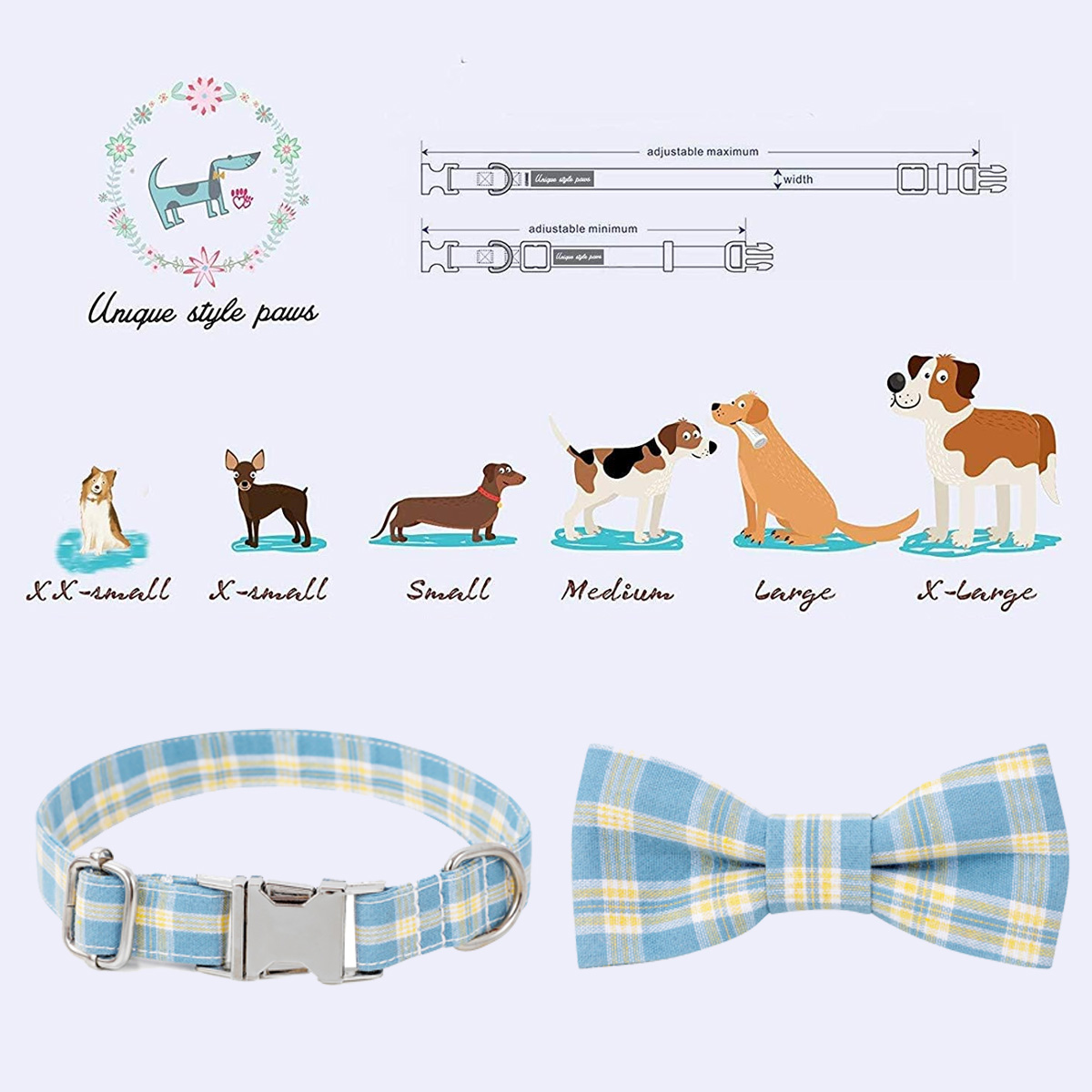 Halsband und Fliege-Set, mit Größentabelle und Hunde-Illustrationen.