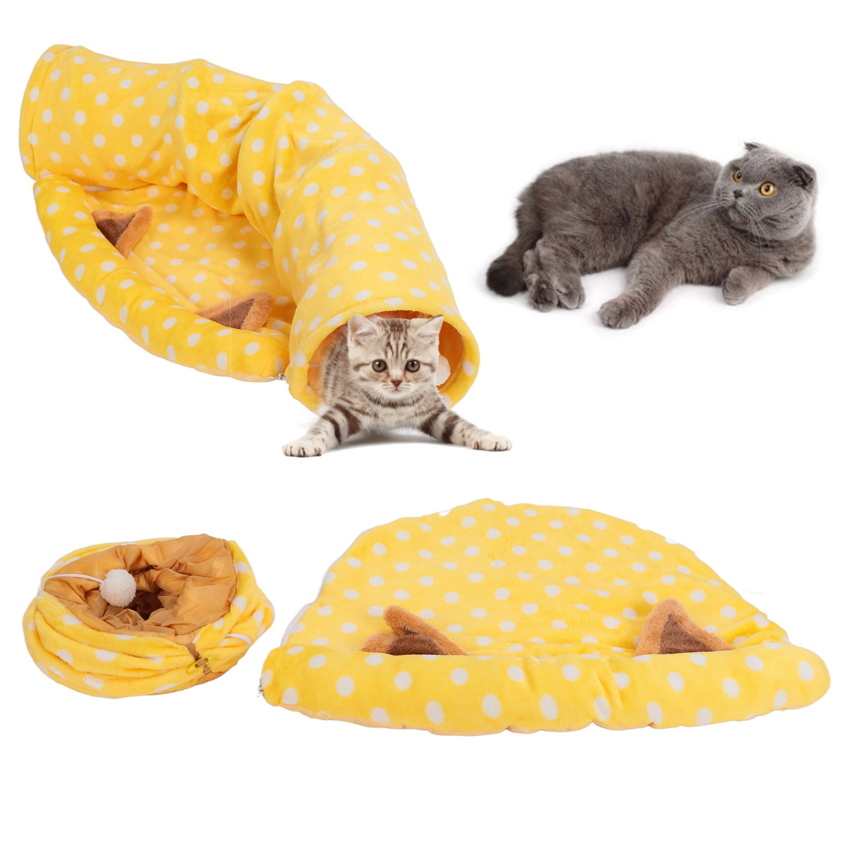 Katzentunnelbett mit Katze, die herauskommt, und zwei weitere Katzen auf einem separaten Bett. Gelb mit weißen Punkten.