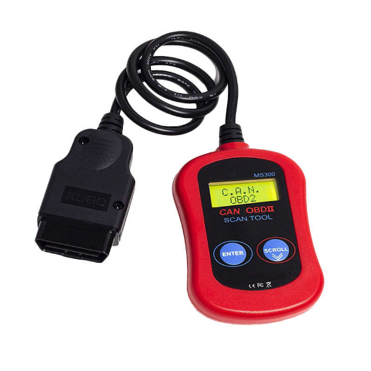 Ein rotes und schwarzes OBD2-Scan-Tool mit Kabel und Bildschirm.