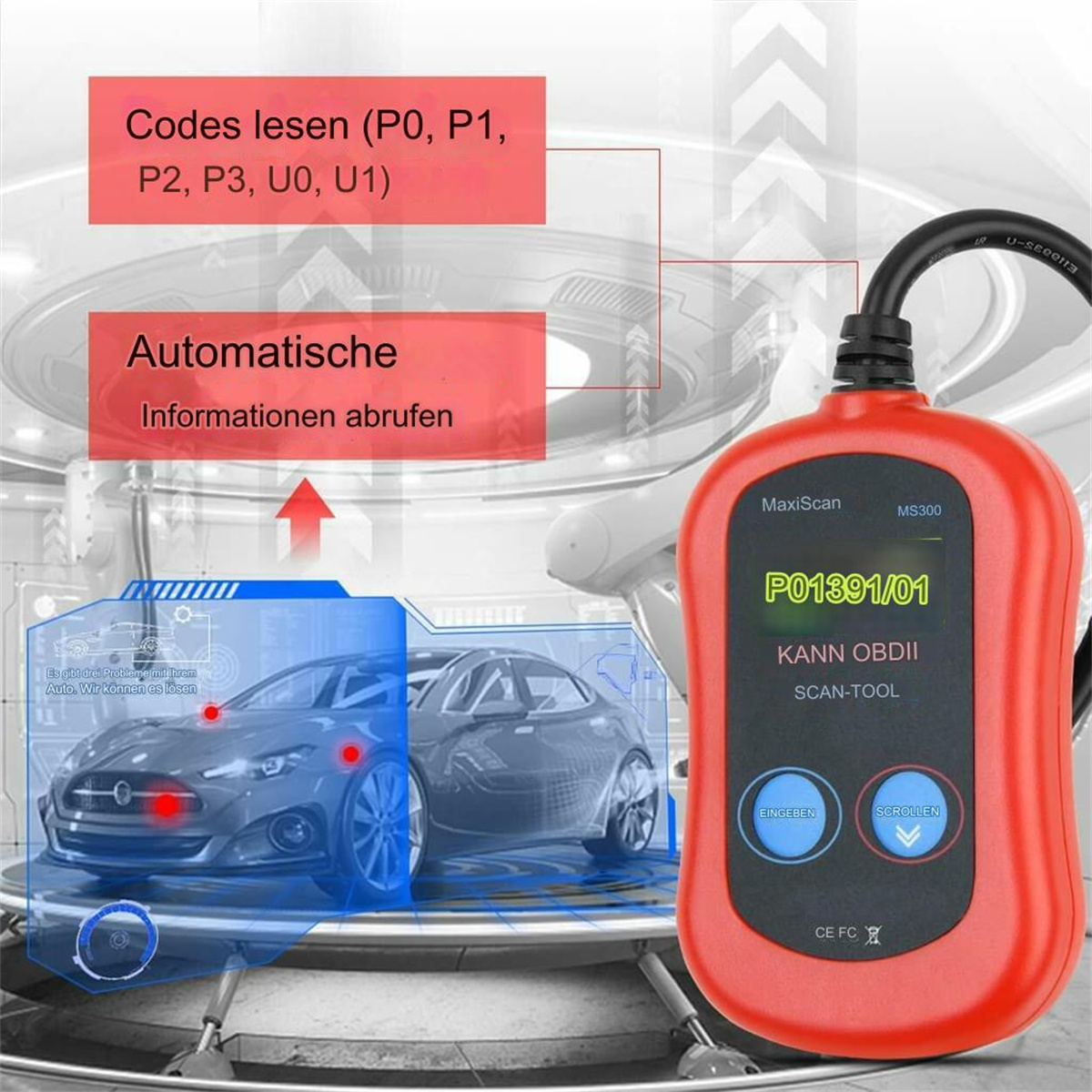 Rotes Fahrzeugdiagnosetool, das mit einem Auto verbunden ist und Fehlercodes und Informationen anzeigt.