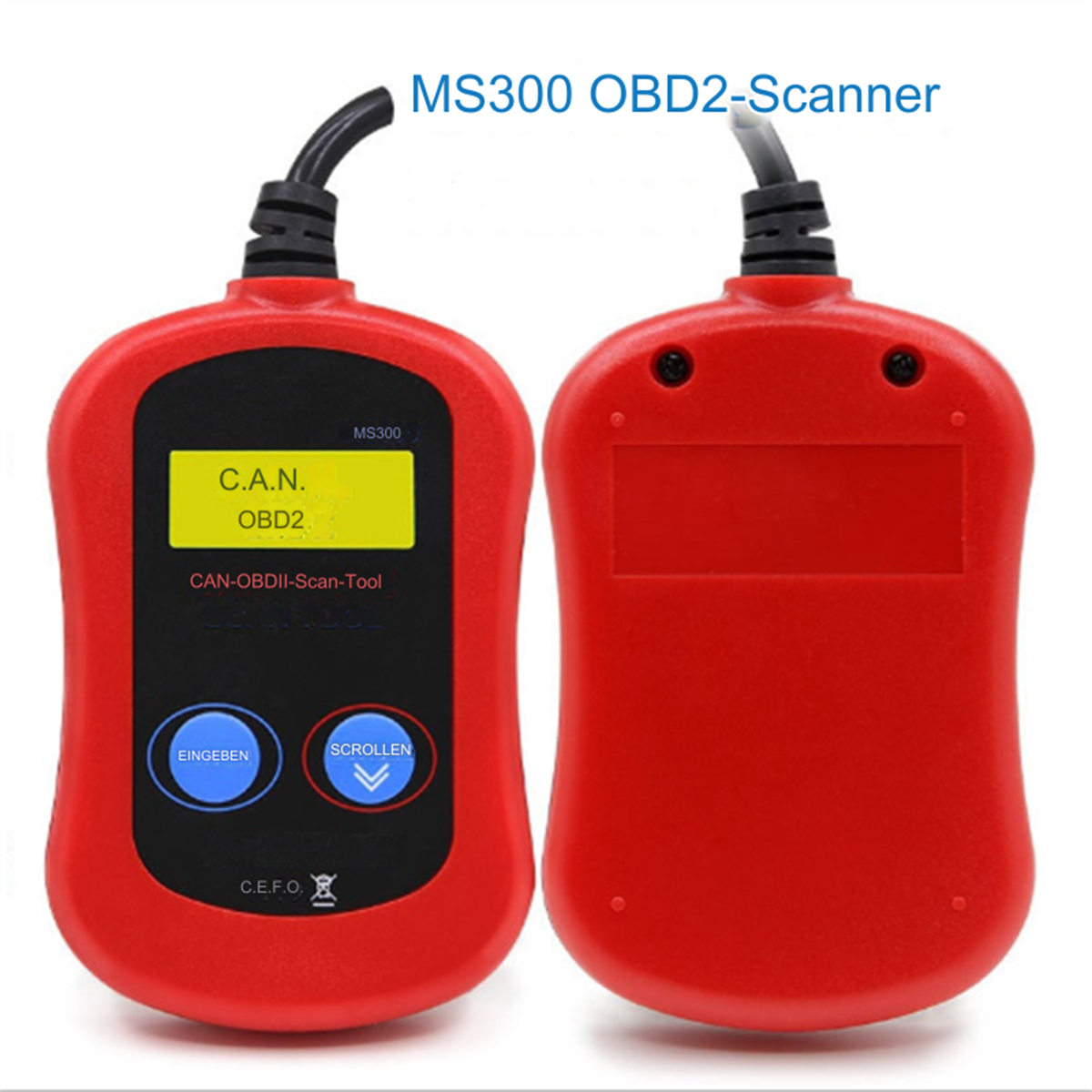 MS300 OBD2-Scanner. Rotes Gerät mit Bildschirm und Knöpfen zum Scannen.
