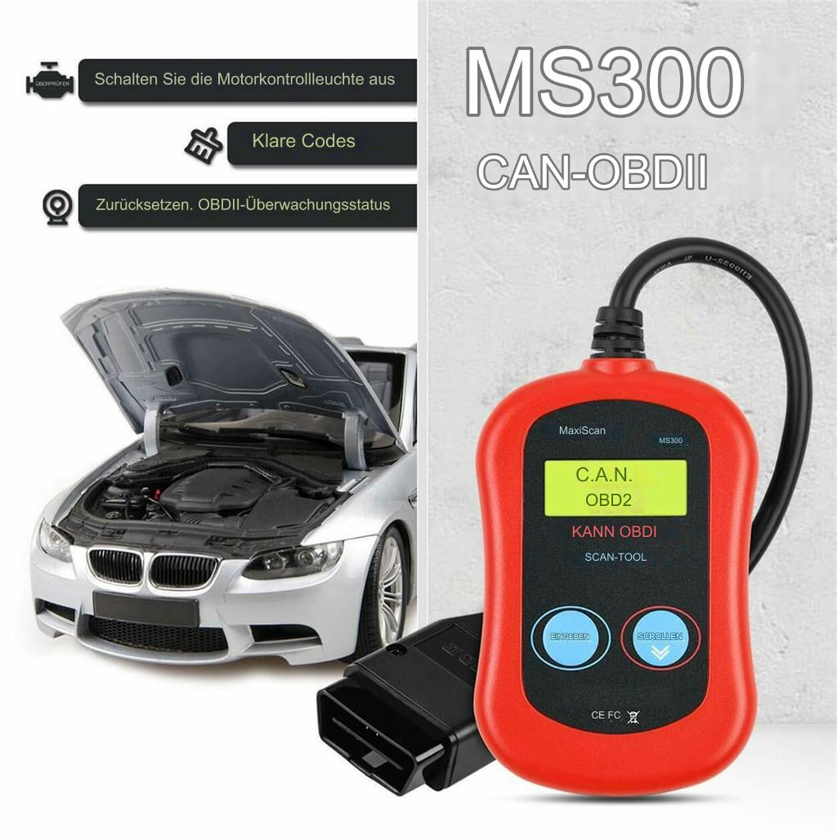 Rotes Diagnosewerkzeug in der Nähe eines Autos. Text: MS300 CAN-OBDII. Text: Clear Codes, OBDII-Überwachungsstatus.