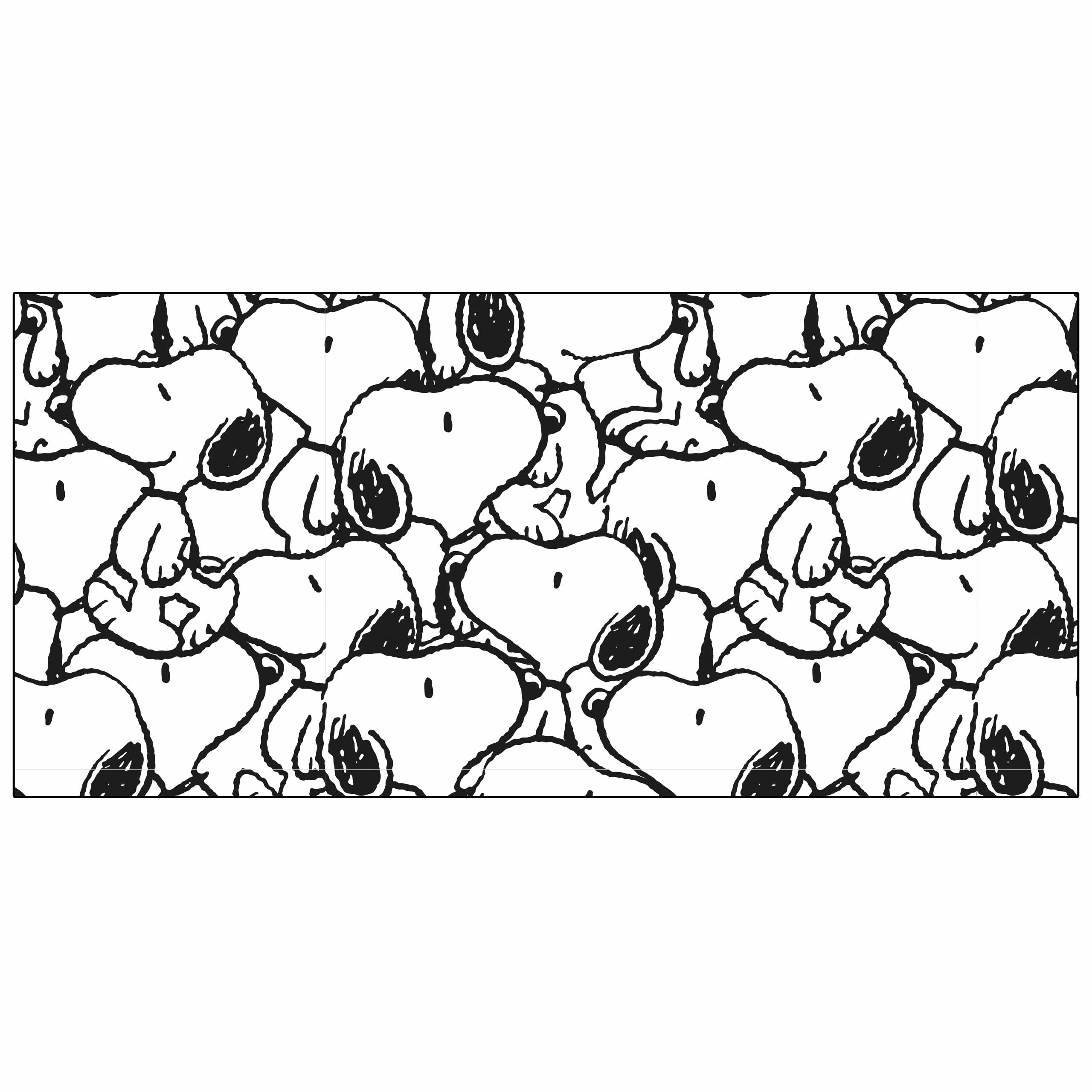 Ein Muster von Snoopy's Kopf in einem schwarz-weißen Design, das sich über die Leinwand wiederholt.