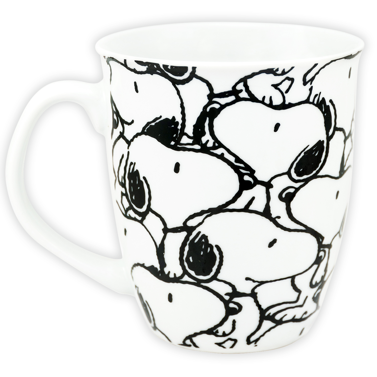 Weiße Tasse mit Snoopy-Gesichtern. Schwarze Umrisse auf weißem Hintergrund. Griff links.