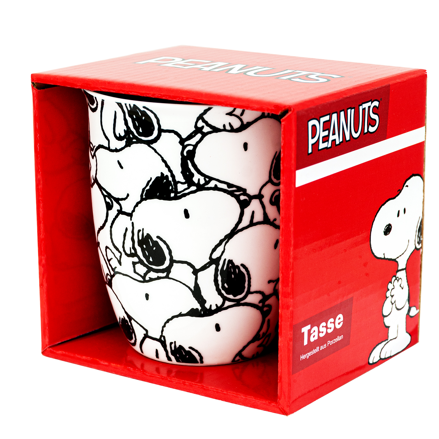 Snoopy-Tasse in roter Box mit 'Peanuts'-Etikett. Die Tasse ist weiß mit schwarzen Snoopy-Gesichtern.