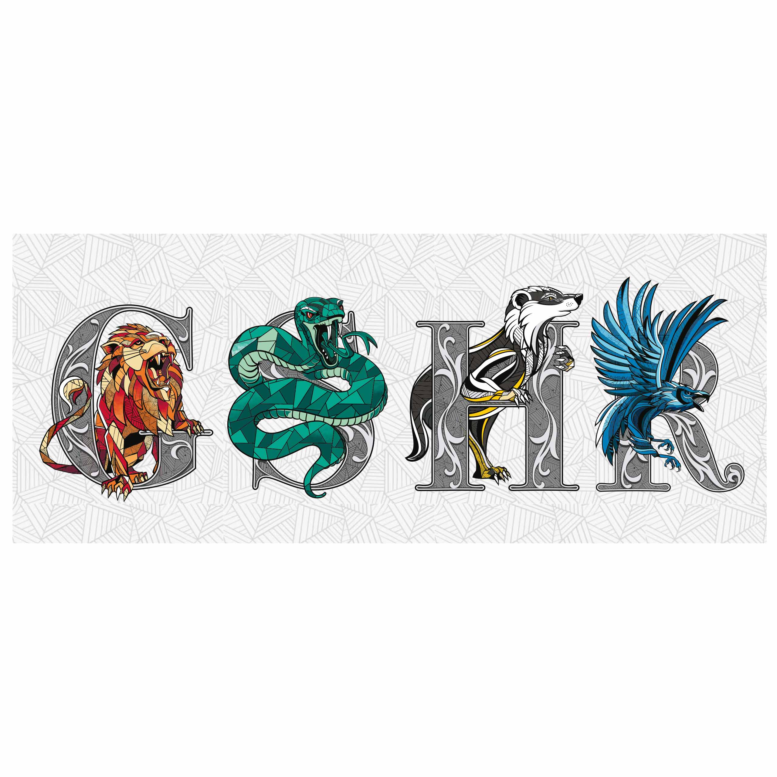 Ein Banner mit dem Wort 'Hogwarts' und den Tieren, die mit jedem Haus verbunden sind: Löwe, Schlange, Dachs, Adler.