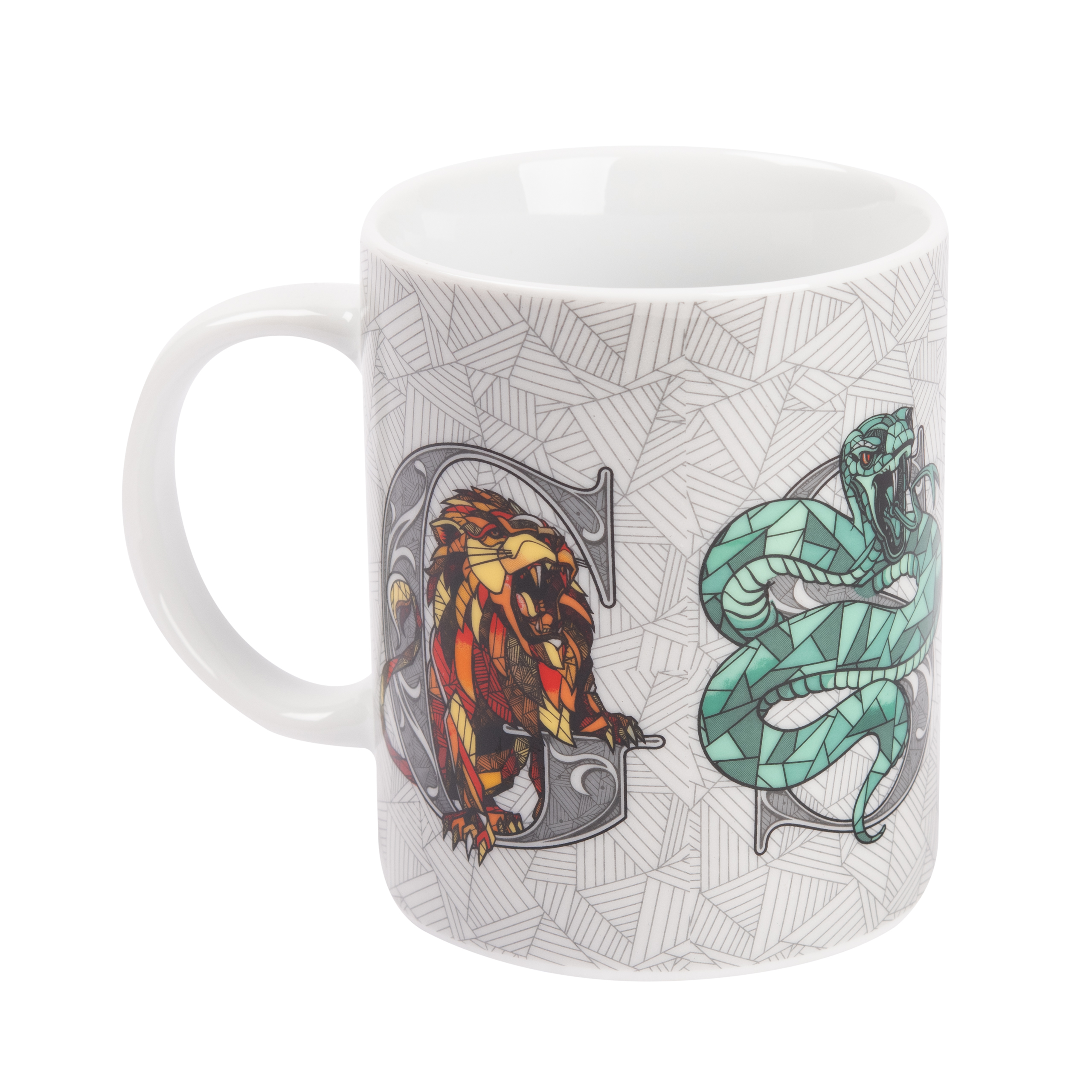 Ein weißer Becher mit einer bunten Illustration eines Löwen und einer Schlange mit dem Buchstaben G.