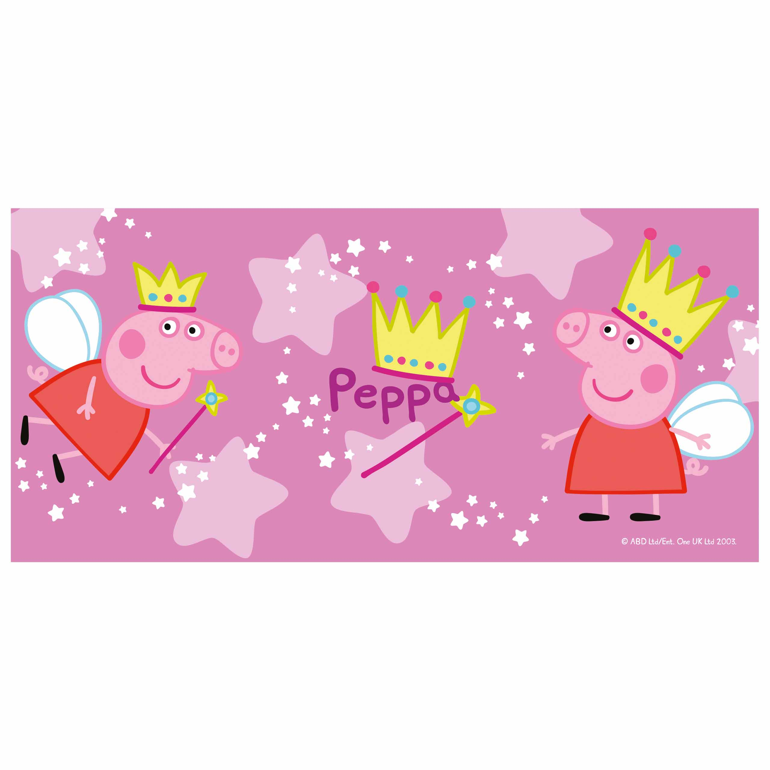 Rosa Peppa Wutz Design, zwei Peppa-Figuren mit Kronen und Sternen.