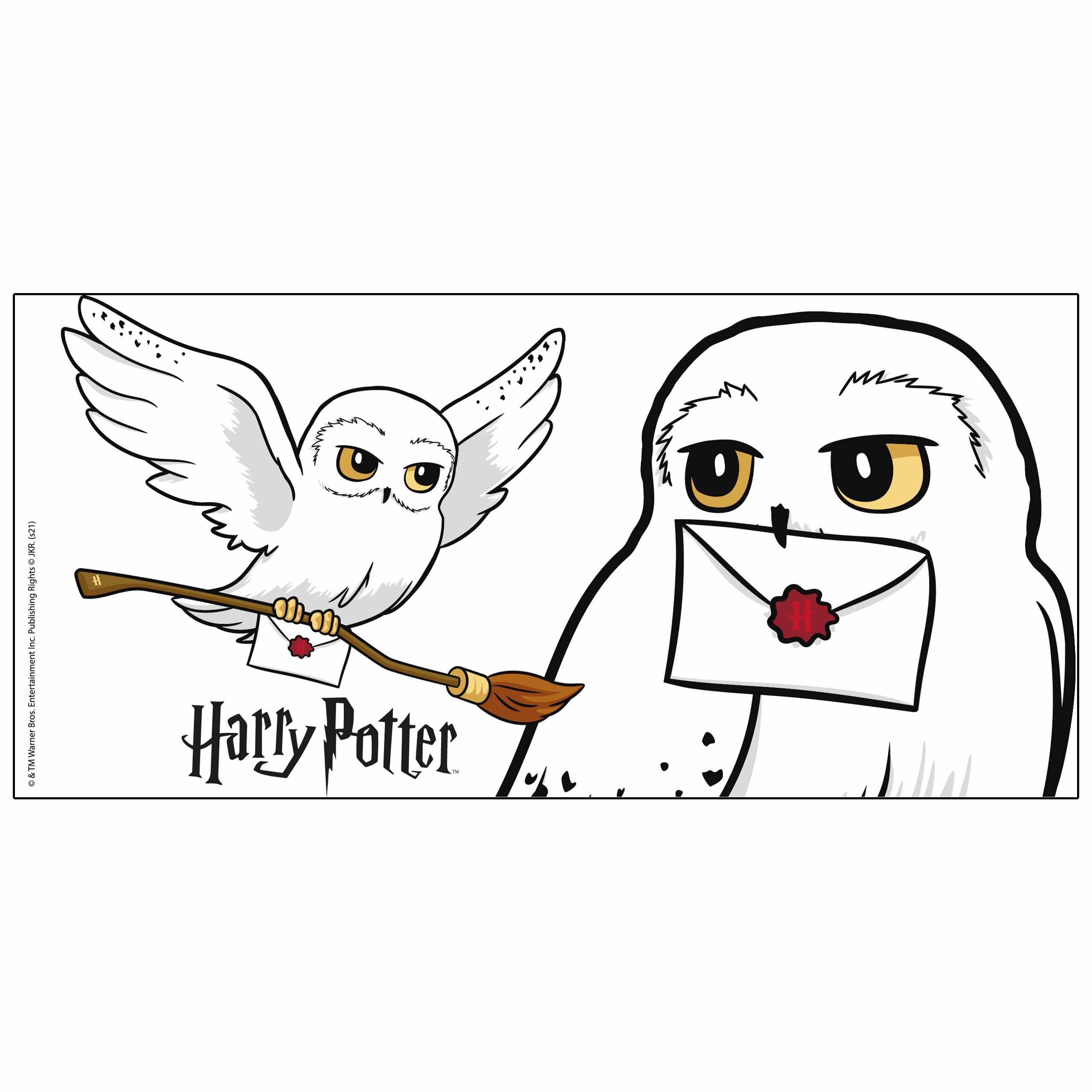 Harry Potter-Grafik mit Hedwig-Eulen, die Briefe auf weißem Hintergrund zustellen.