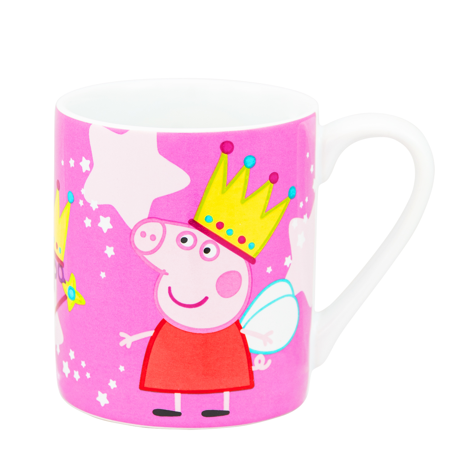 Eine weiße Tasse mit einer Peppa Wutz Cartoonfigur mit Krone.