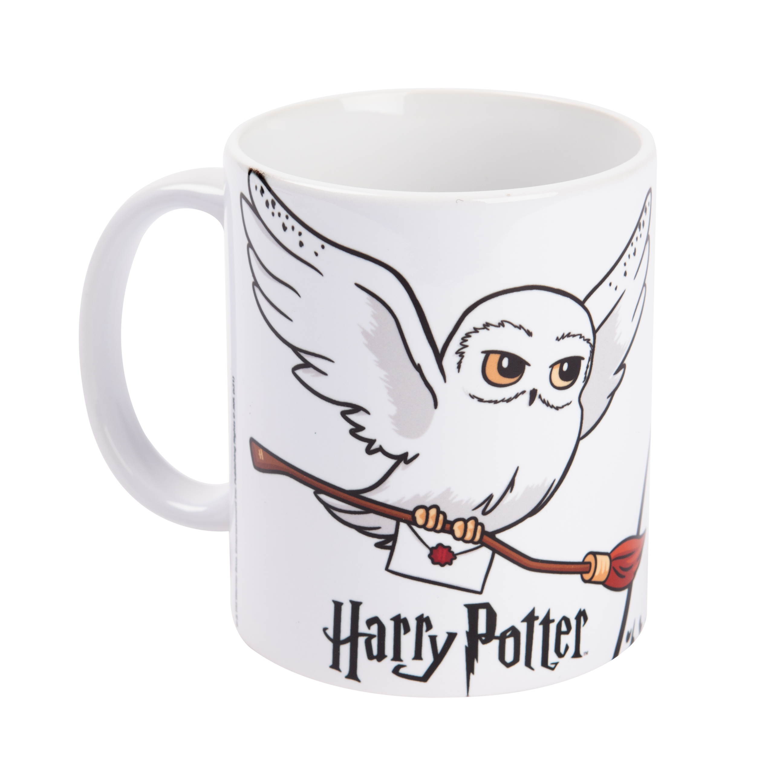 Weißer Harry Potter-Becher mit einer Eule und den Worten Harry Potter.