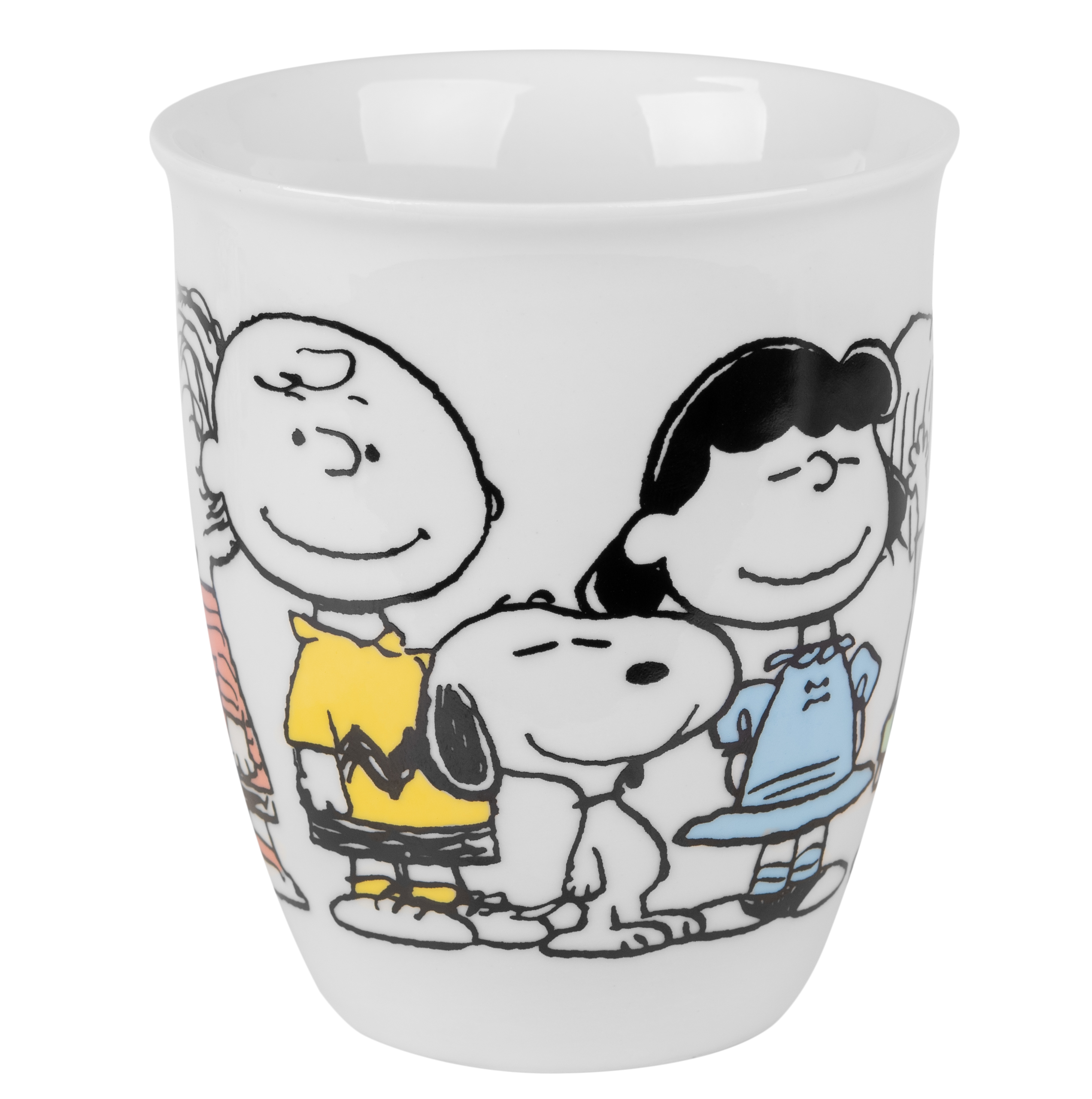 Weißer Keramikbecher mit Cartoonfiguren. Charlie Brown, Snoopy und Lucy sind auf dem Becher abgebildet.