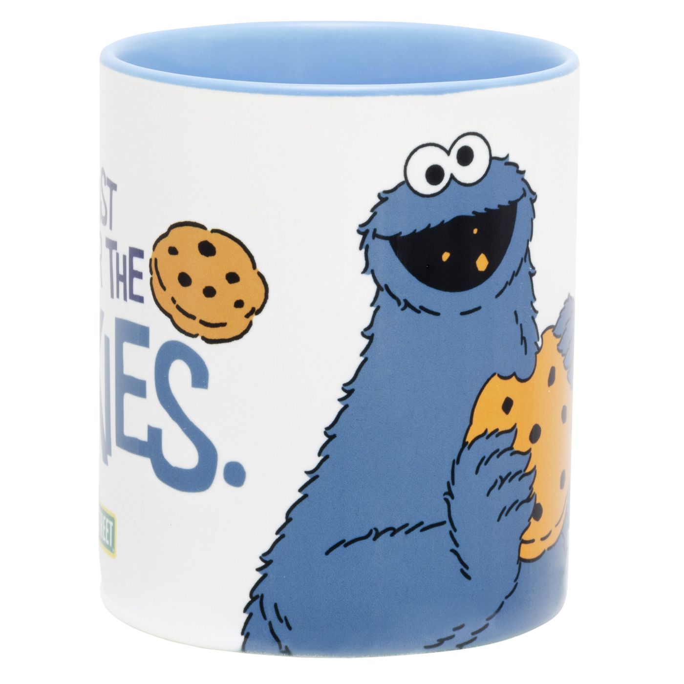 Tasse mit Krümelmonster. Die Tasse hat das Krümelmonster mit Keksen und den Text: Ich will Kekse.