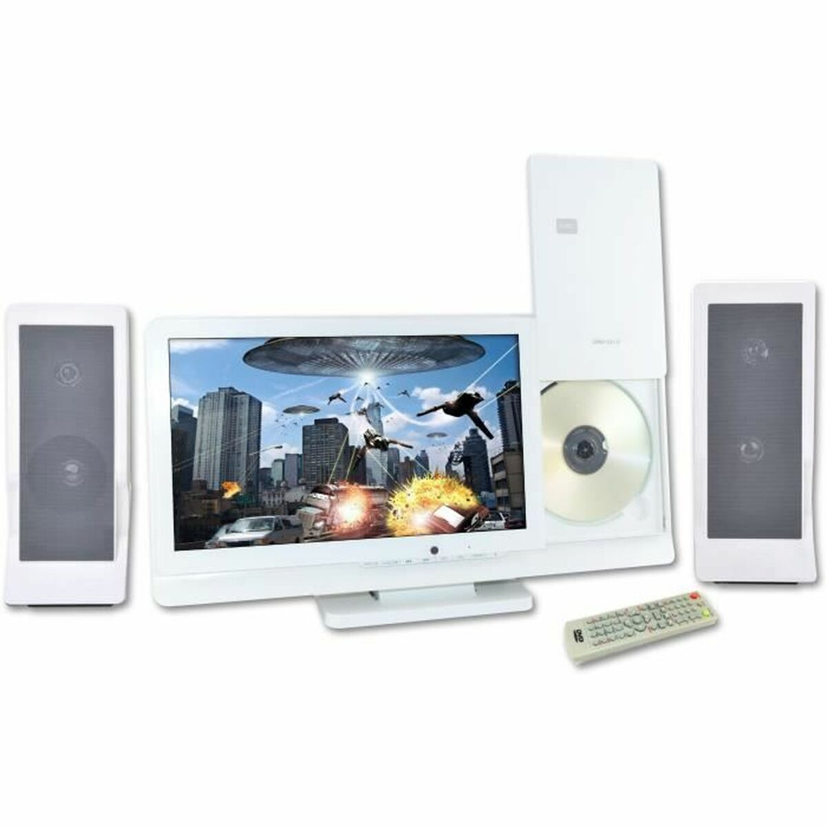 Ein weißer Fernseher mit CD-Player und Lautsprechern. Der Bildschirm zeigt eine Szene einer Stadt mit fliegenden Objekten.