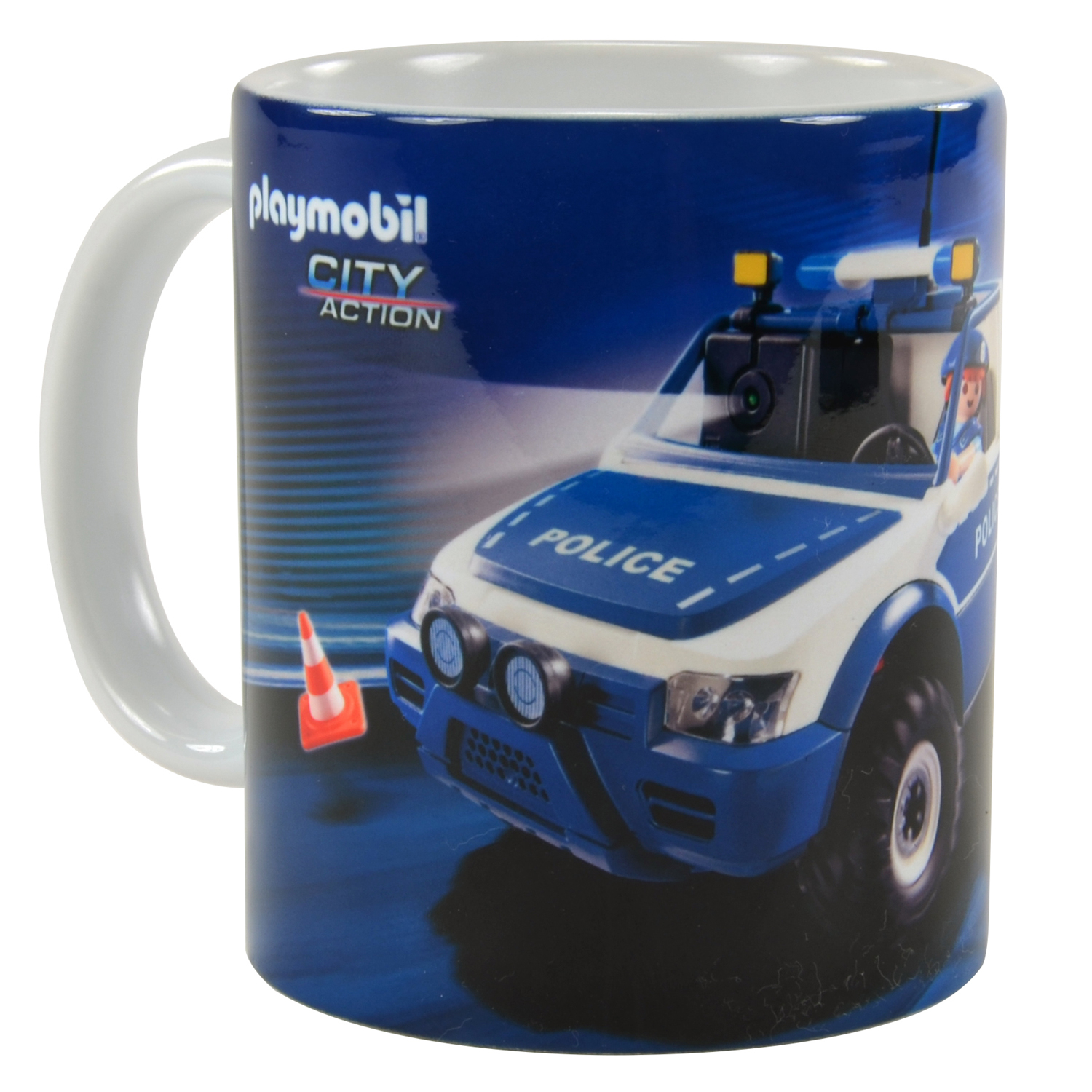 Ein Playmobil-Polizeiauto, mit einem Polizisten, auf einer Tasse.