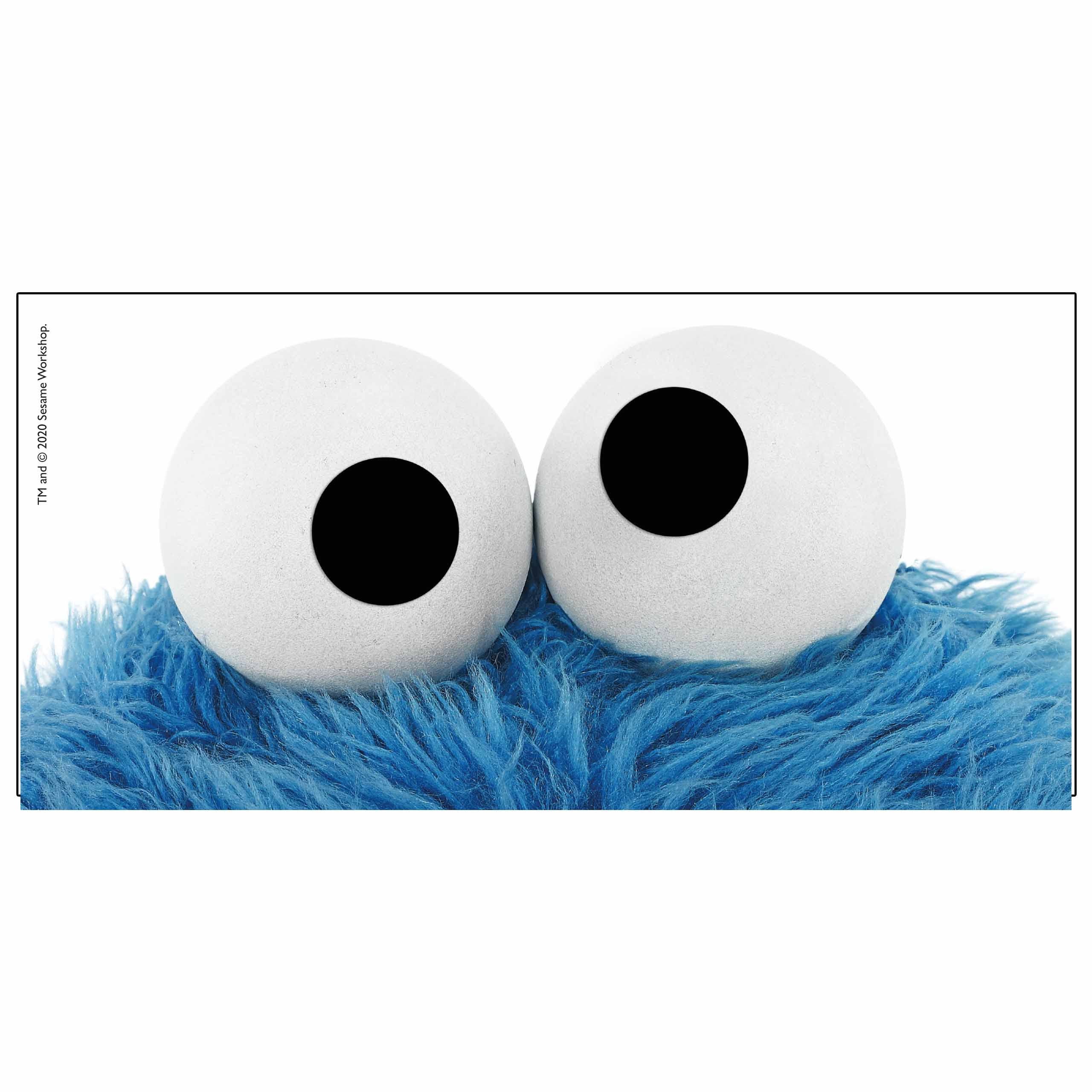 Nahaufnahme von Krümelmonsters Augen. Zwei große, weiße Kulleraugen mit schwarzen Pupillen auf blauem Fell.