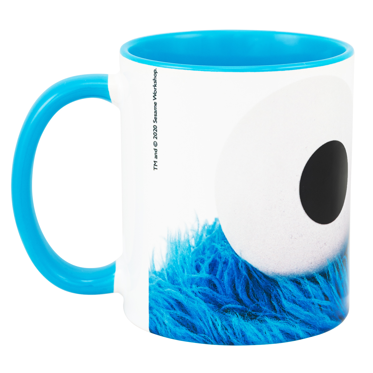 Tasse mit Krümelmonsters Auge und Fell. Blauer Henkel und Innenraum.