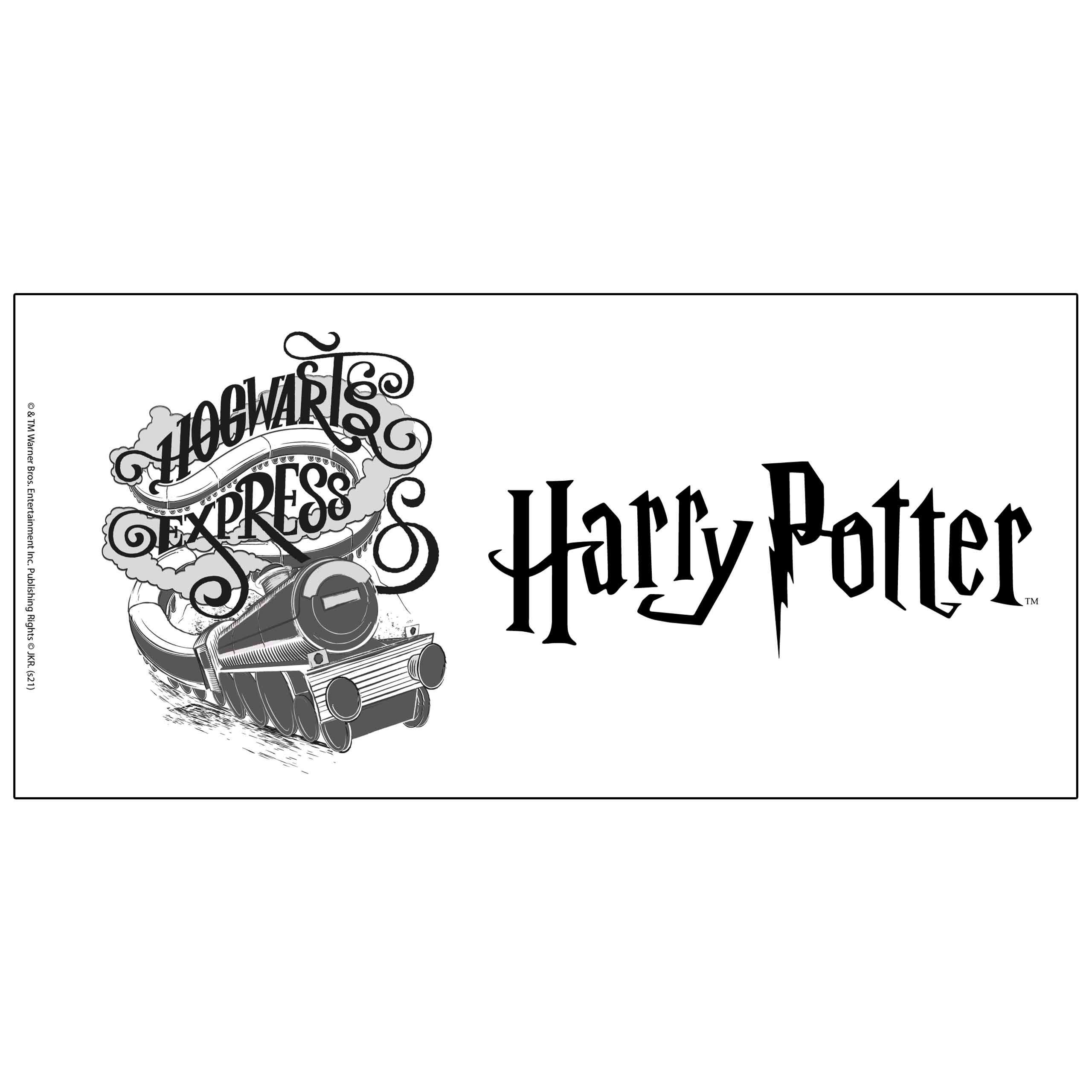Harry Potter Logo mit Hogwarts Express Zugillustration auf weißem Hintergrund.