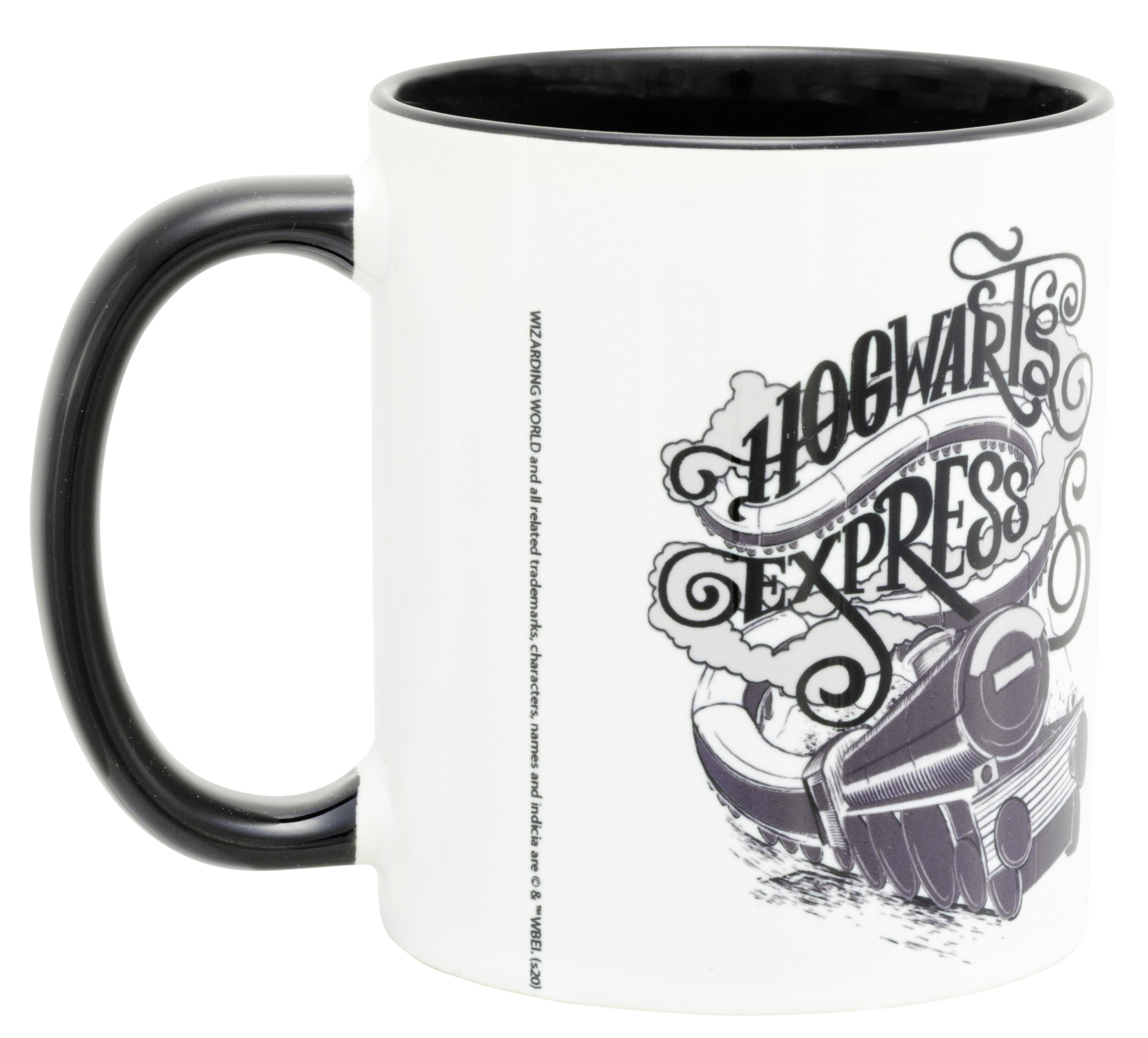 Weißer Becher mit schwarzem Henkel und Rand, mit Hogwarts Express Design.