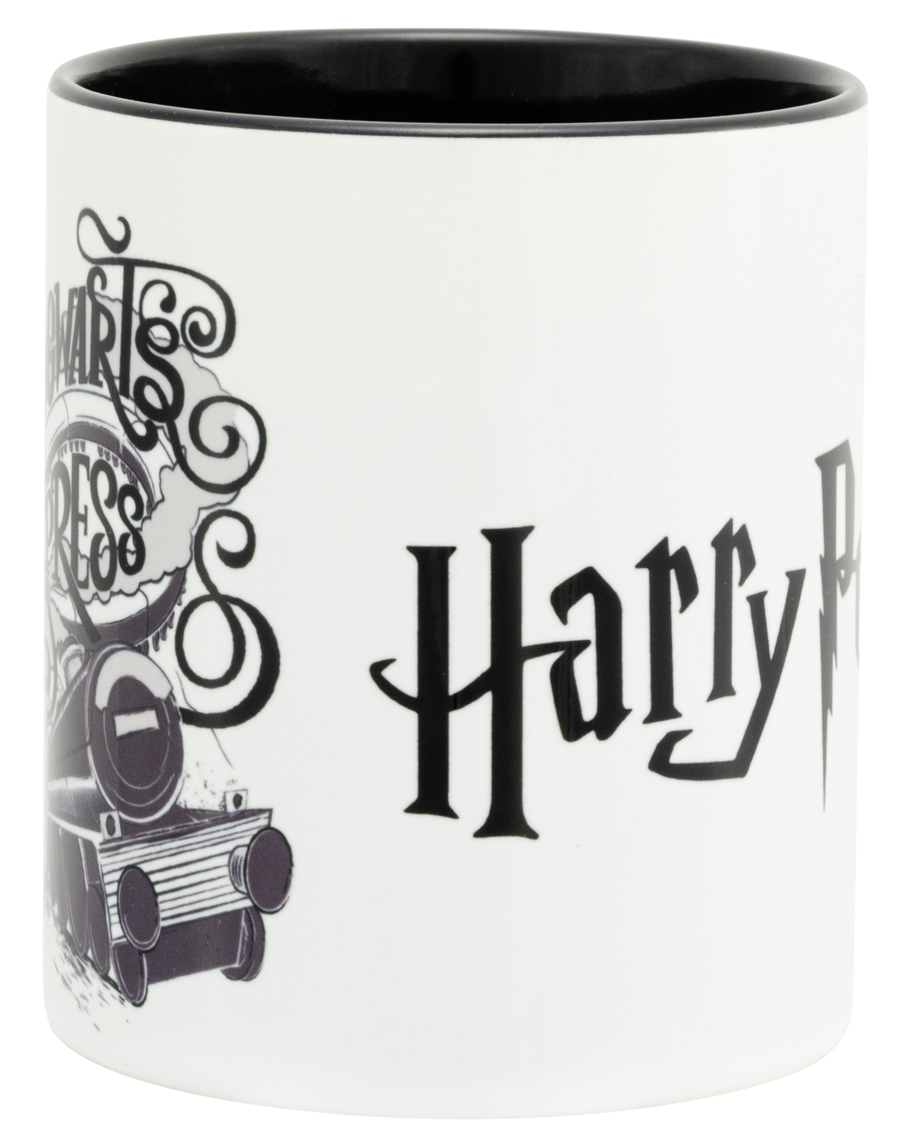 Eine weiße Tasse mit schwarzen Harry-Potter-Grafiken an der Seite.