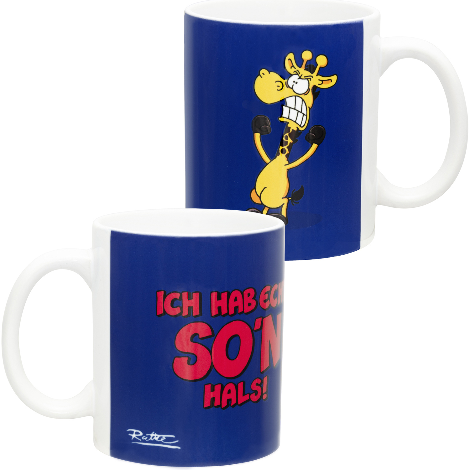 Zwei weiße Tassen mit Zeichentrick-Giraffen. Eine hat 'SO'N HALS!'-Text, die andere eine Giraffe.