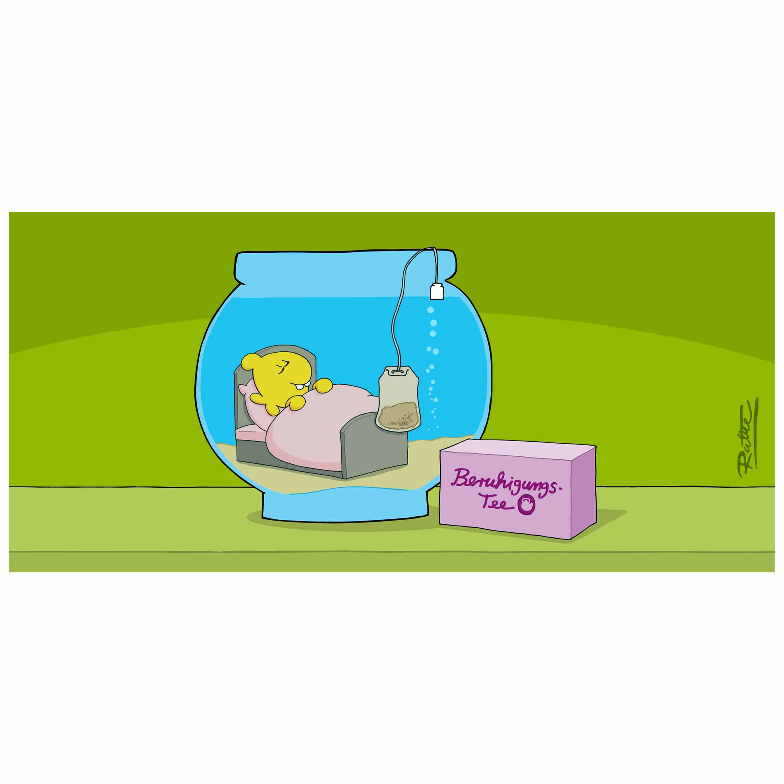 Cartoonbild einer gelben Kreatur in einem Fischbett, die Tee aus einem Beutel trinkt.