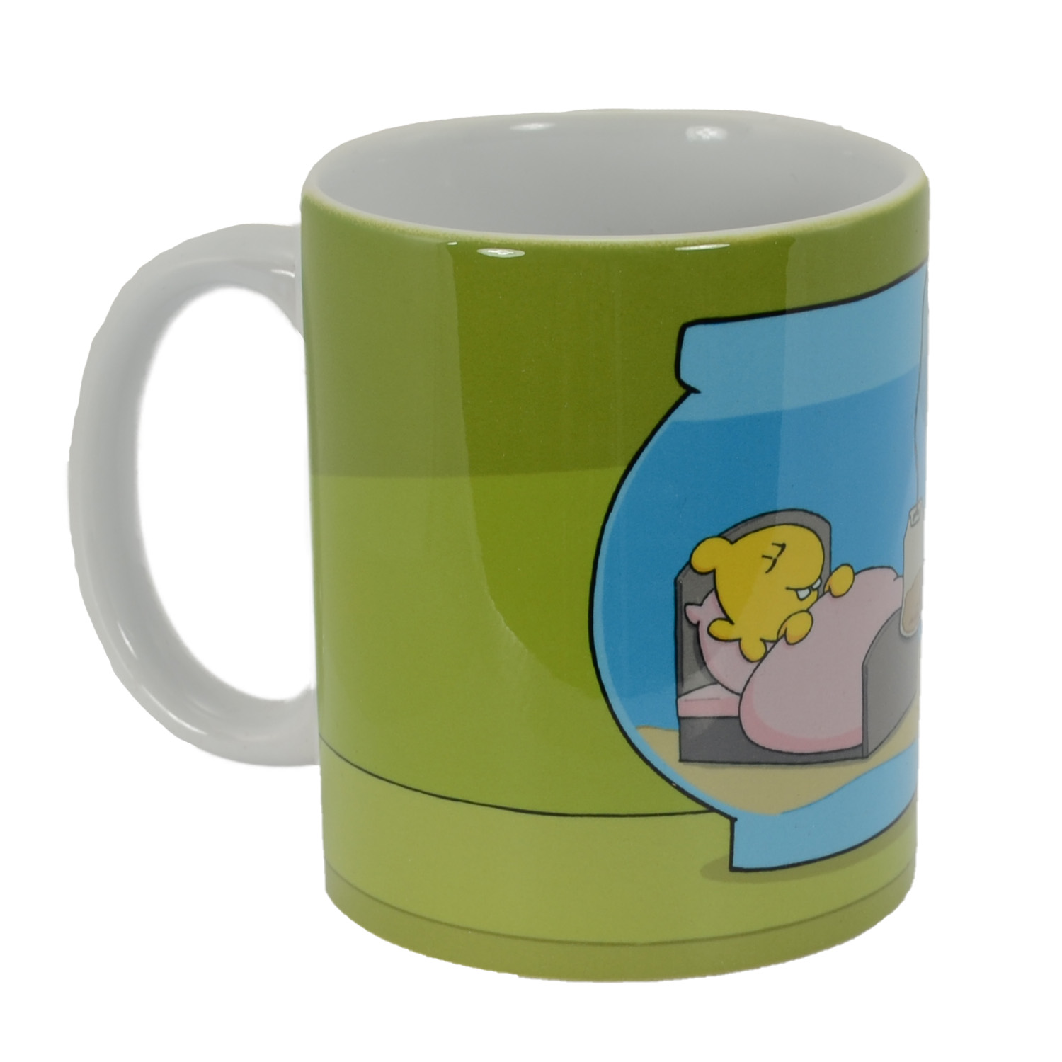 Becher mit einer Zeichentrickfigur, die in einem Fischglas schläft.