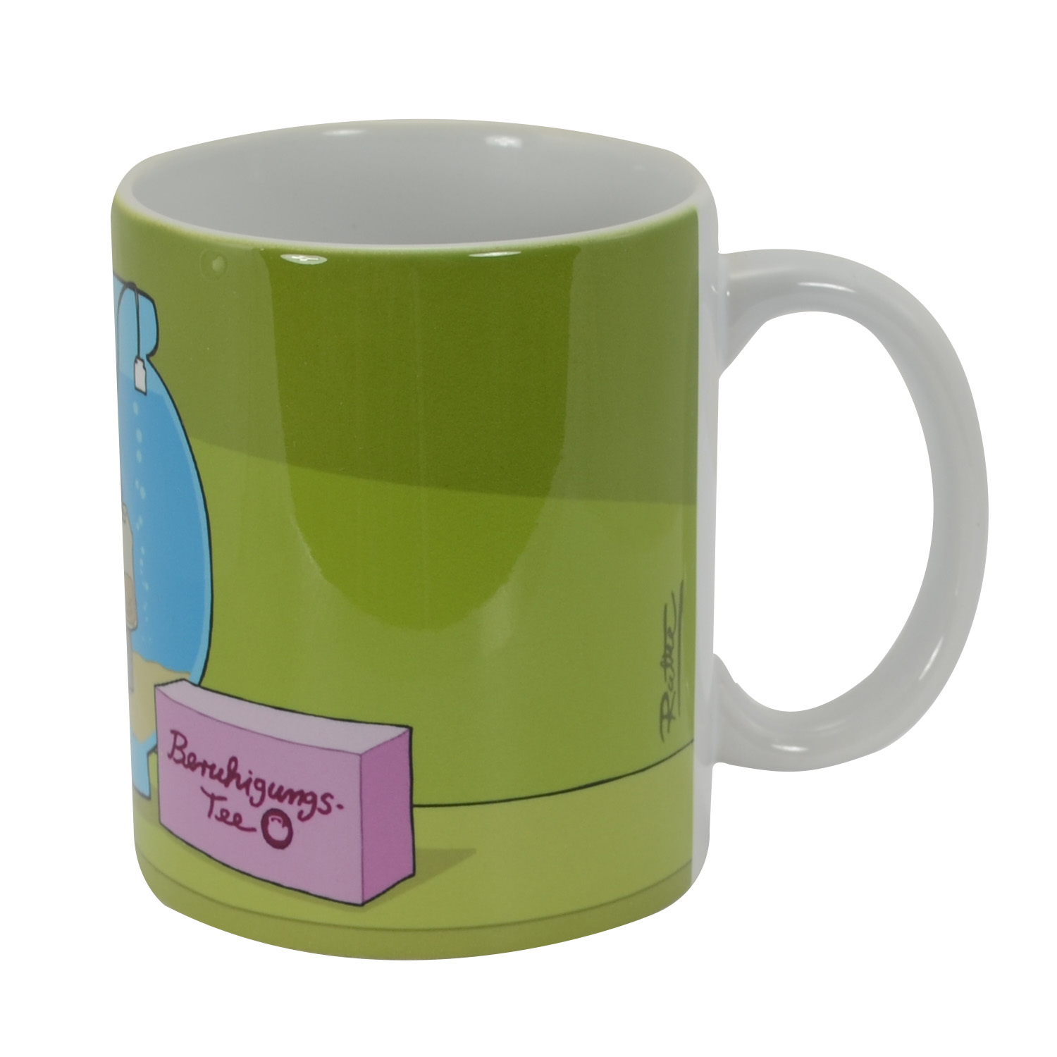 Eine Tasse mit einer Comicfigur darauf. Die Tasse ist grün mit einem weißen Henkel und Innenraum.