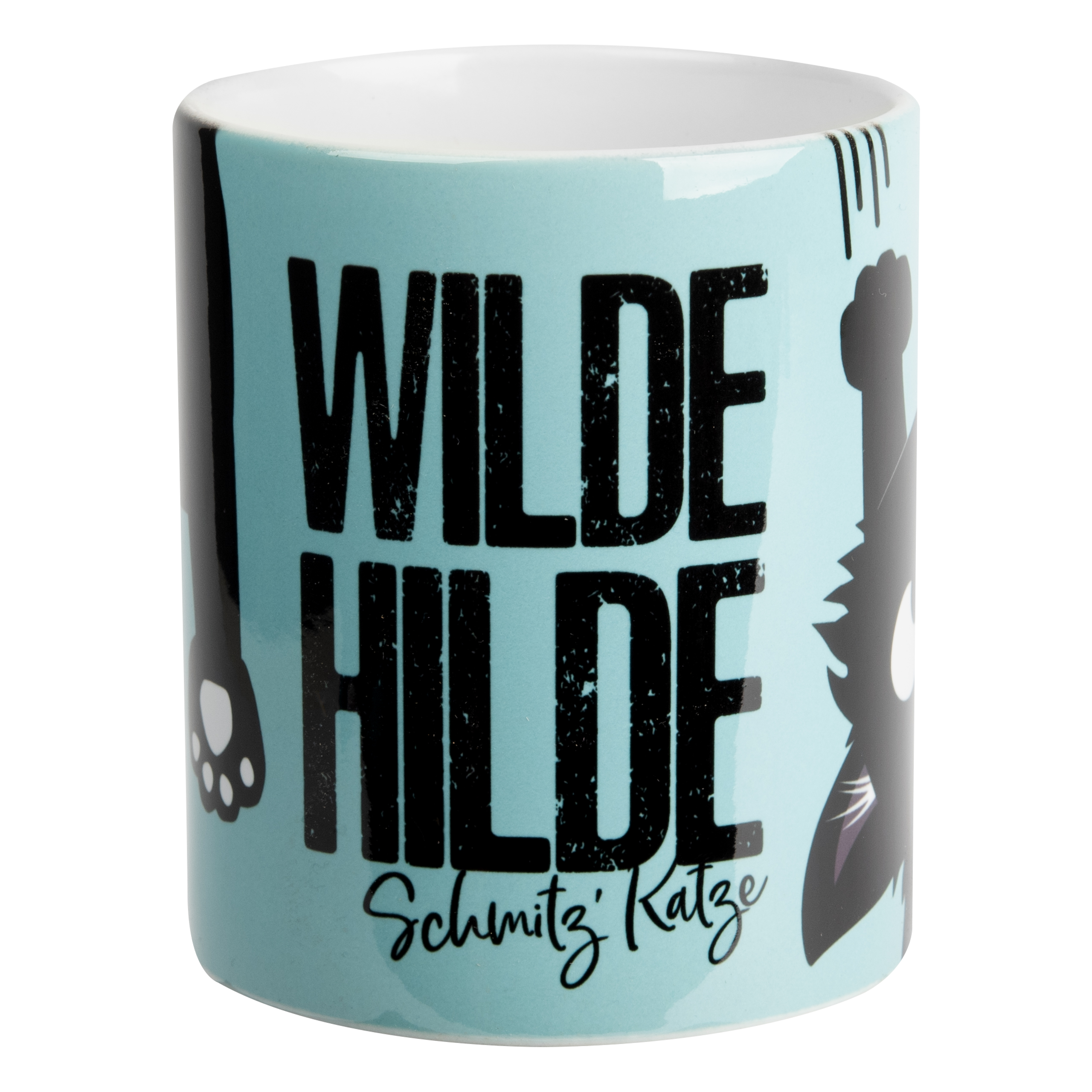 Tasse mit schwarzer Katze und deutschem Text, hellblauer Hintergrund.