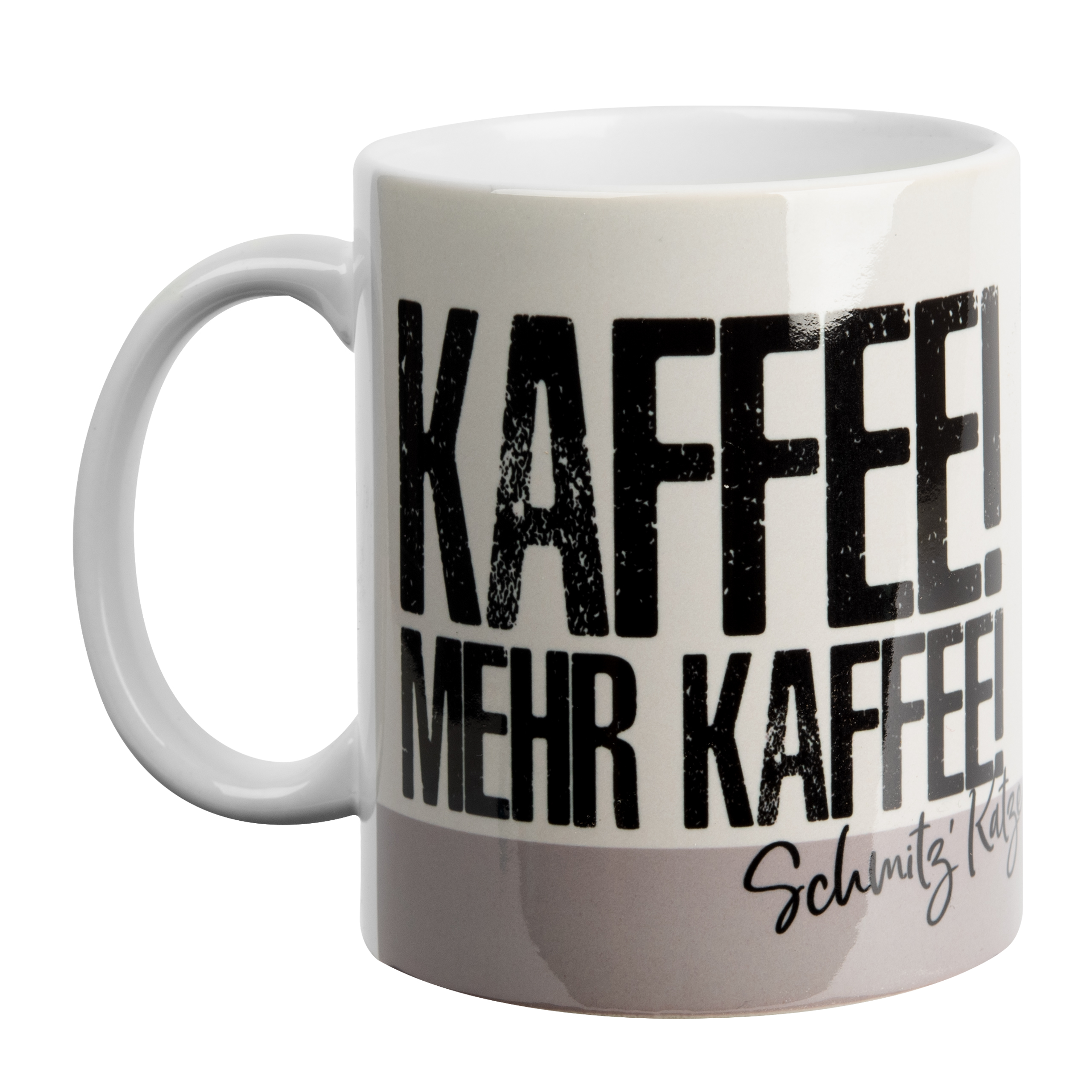 Weiße Tasse mit schwarzem Text: 'KAFFEE! MEHR KAFFEE!'. Grauer Sockel.