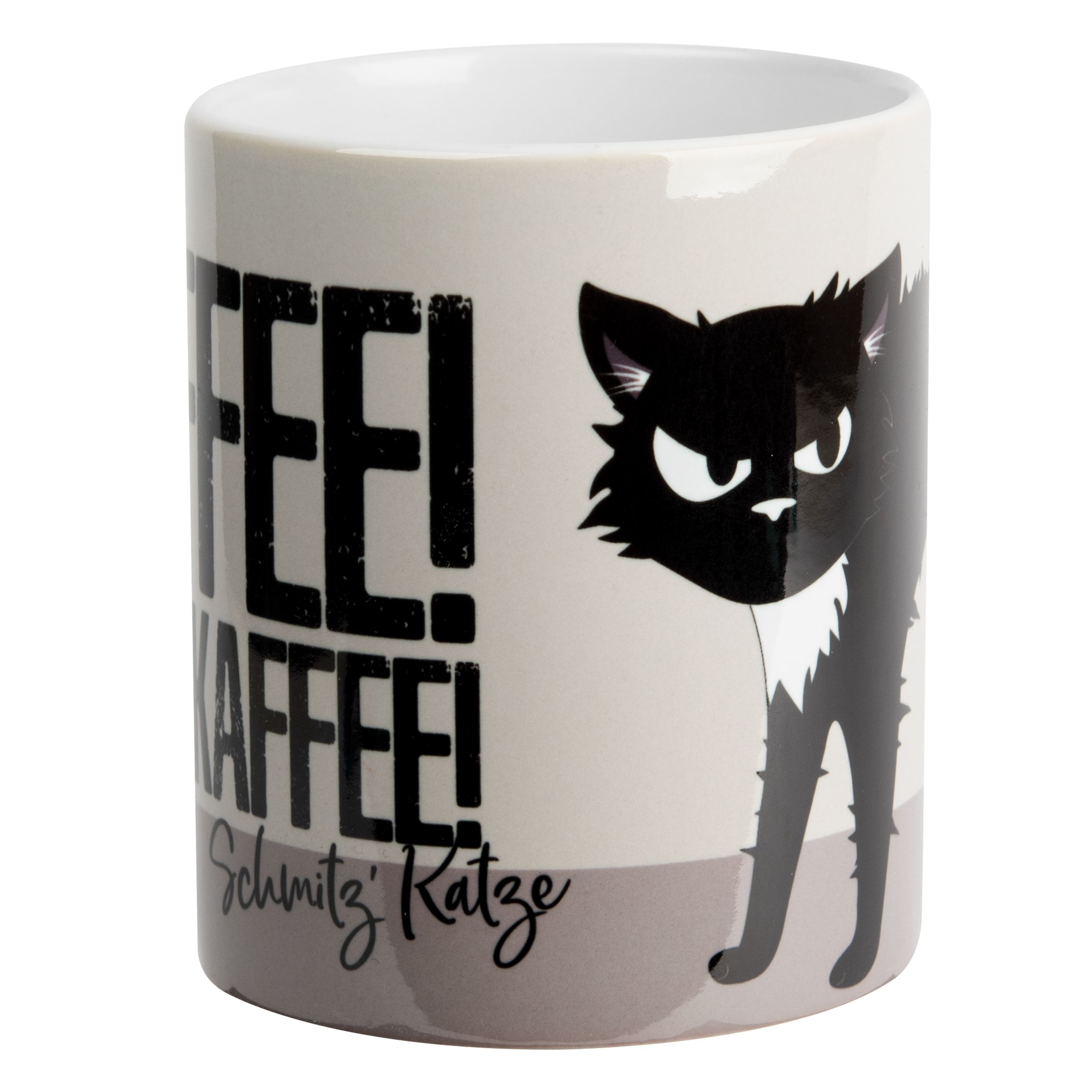 Tasse mit 'Kaffee'-Text und einem Bild einer schwarzen Katze.