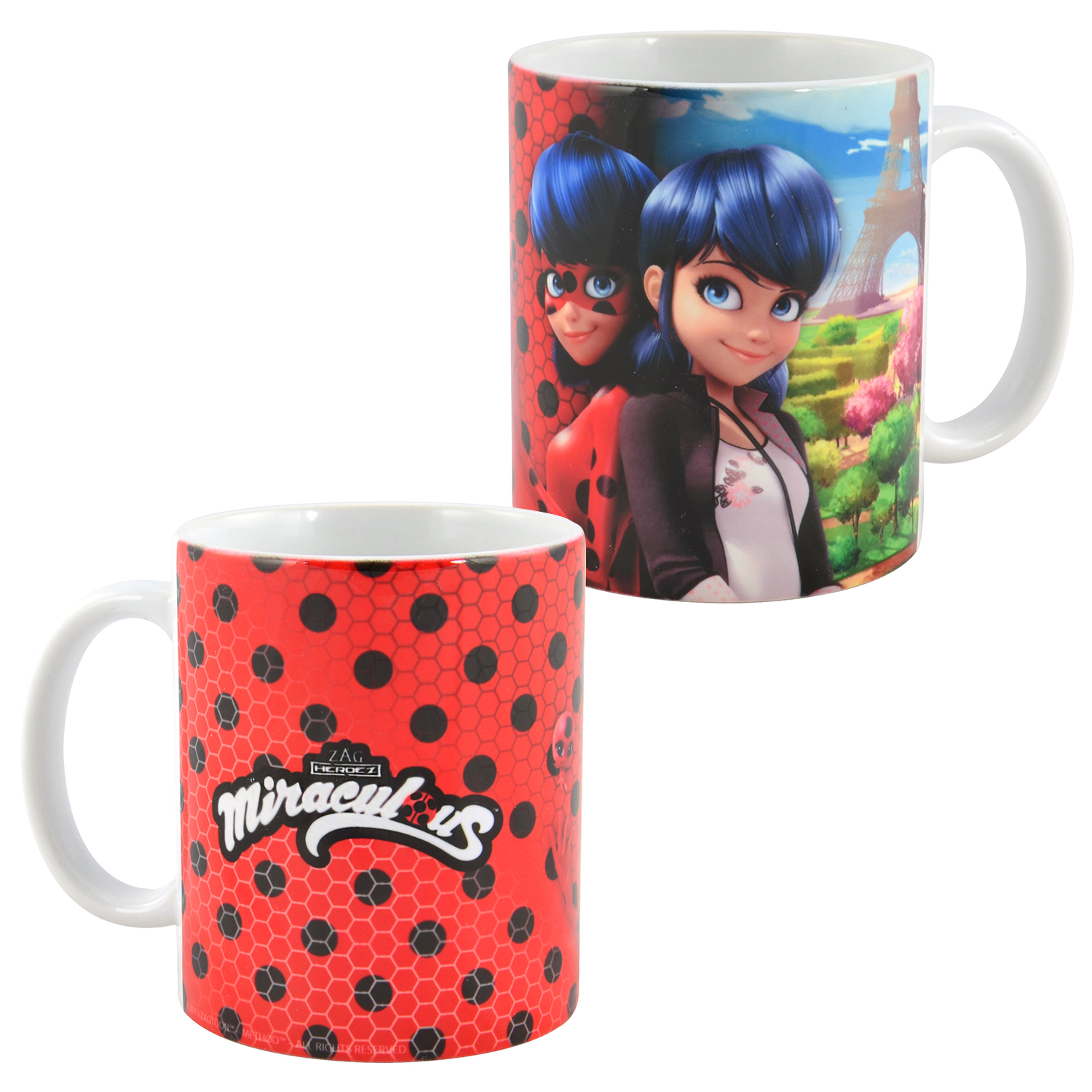 Zwei Tassen mit Miraculous Ladybug-Figuren, eine mit rotem Muster.